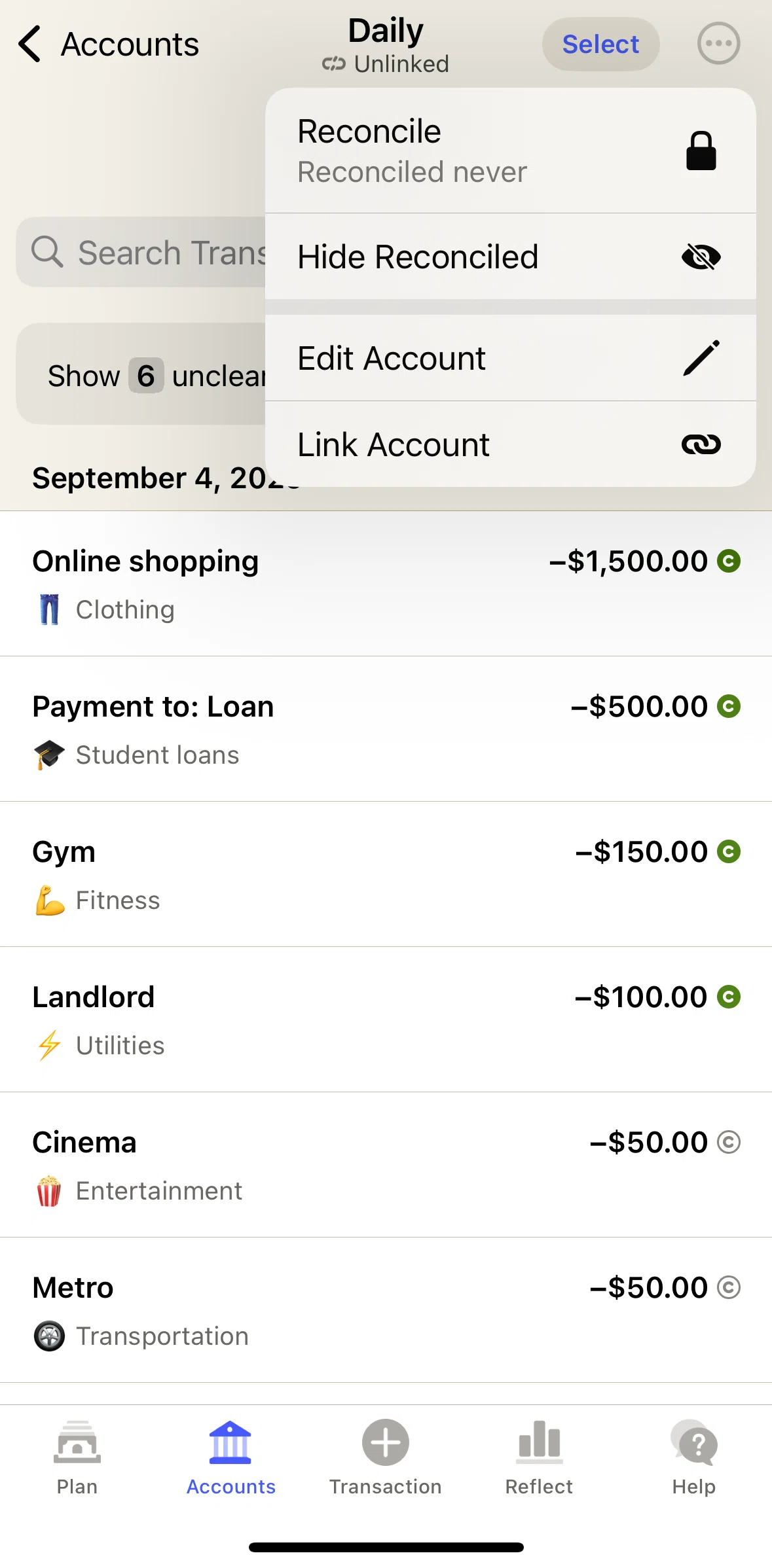YNAB Screen screen in the Editing an account flow