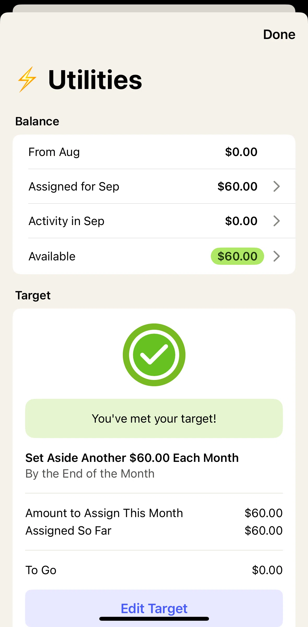 YNAB Screen screen in the Moves by category flow