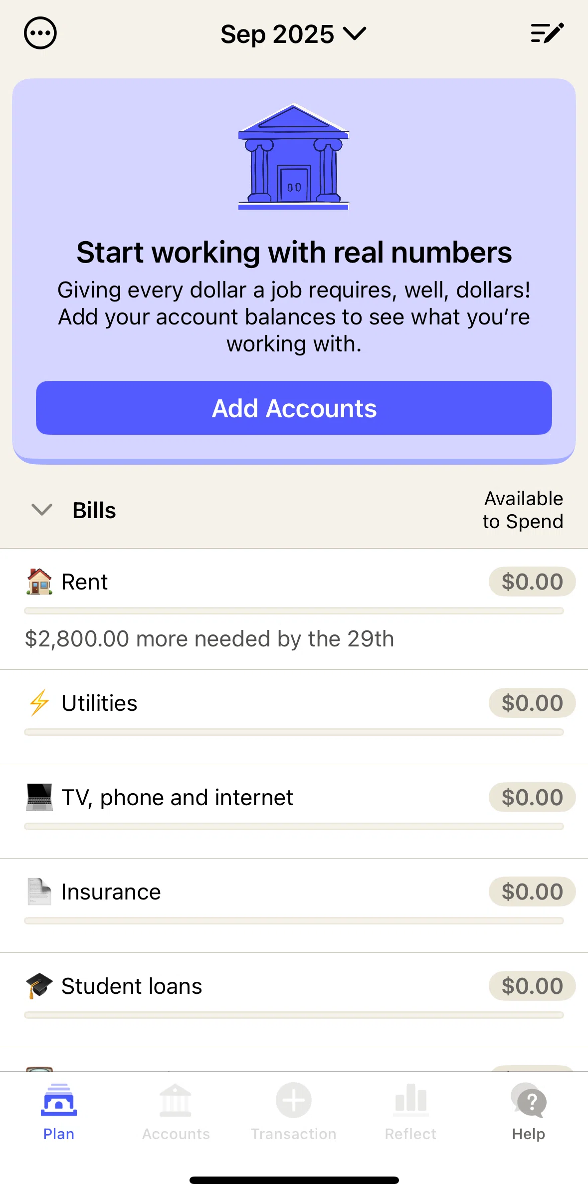 YNAB Screen screen in the Plan flow