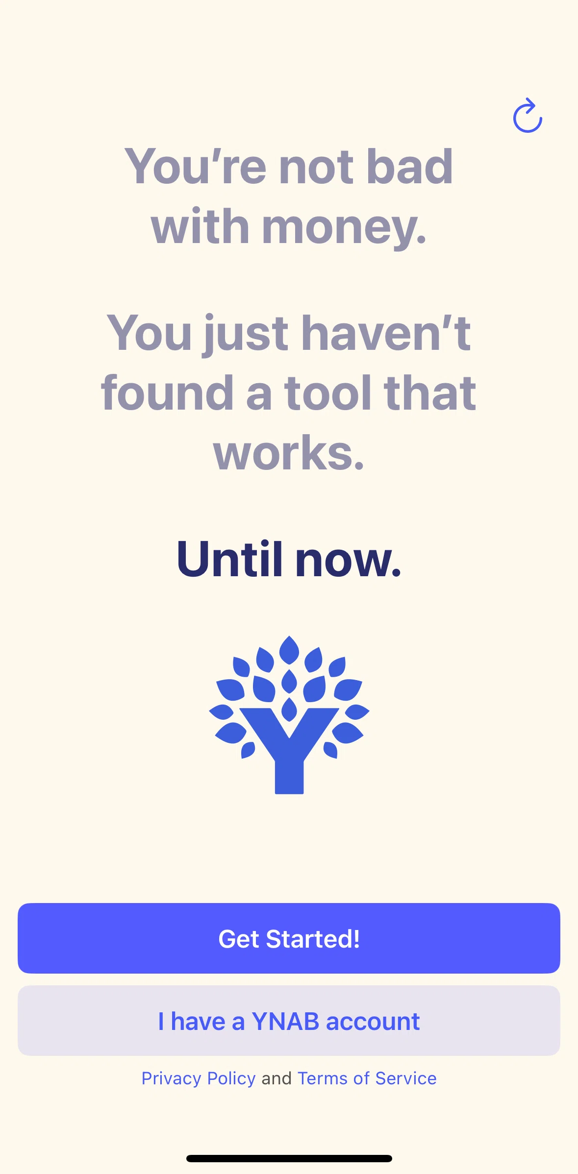 YNAB Screen screen in the Setting up account flow