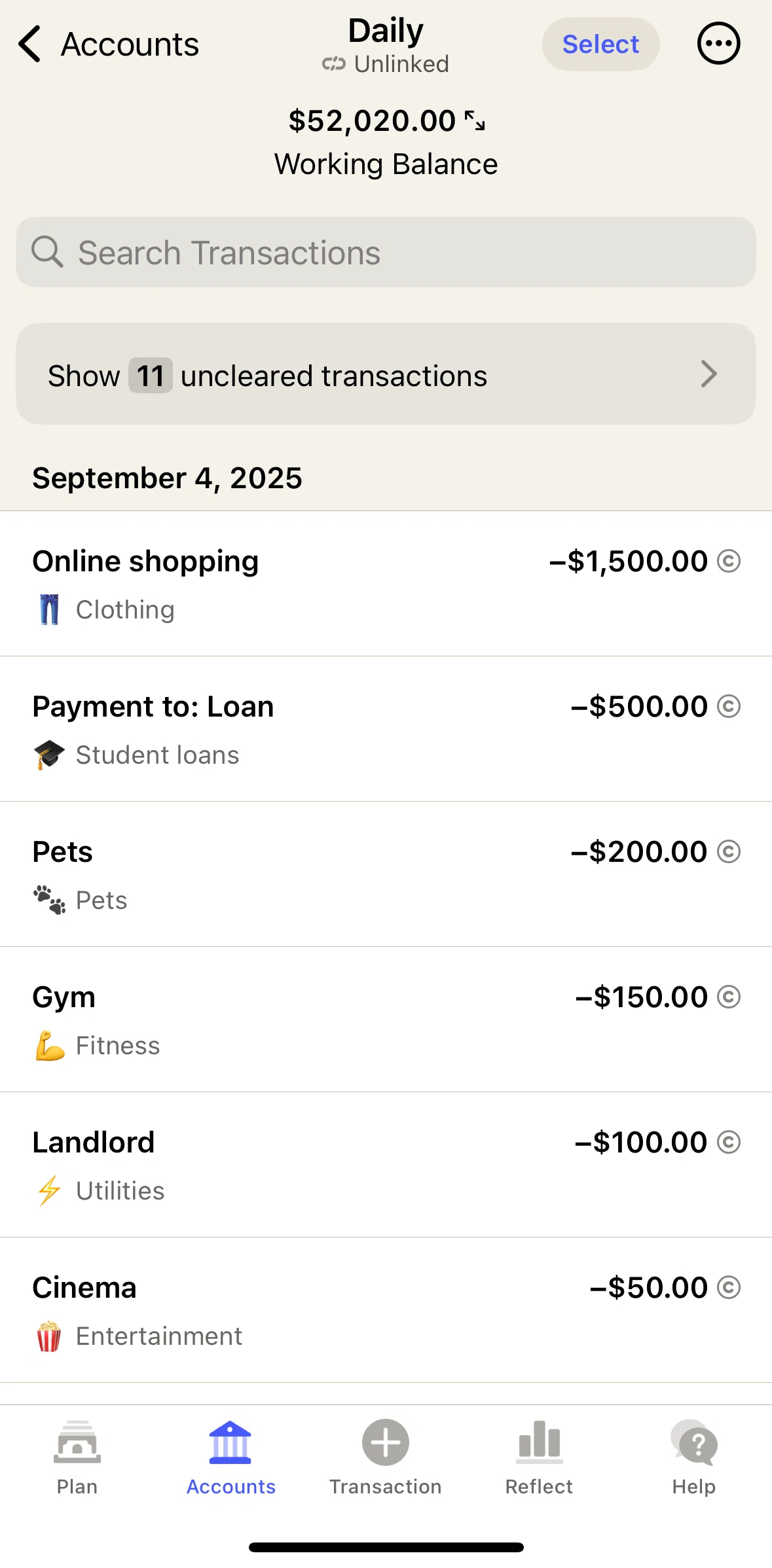 YNAB Screen screen in the Transaction detail flow