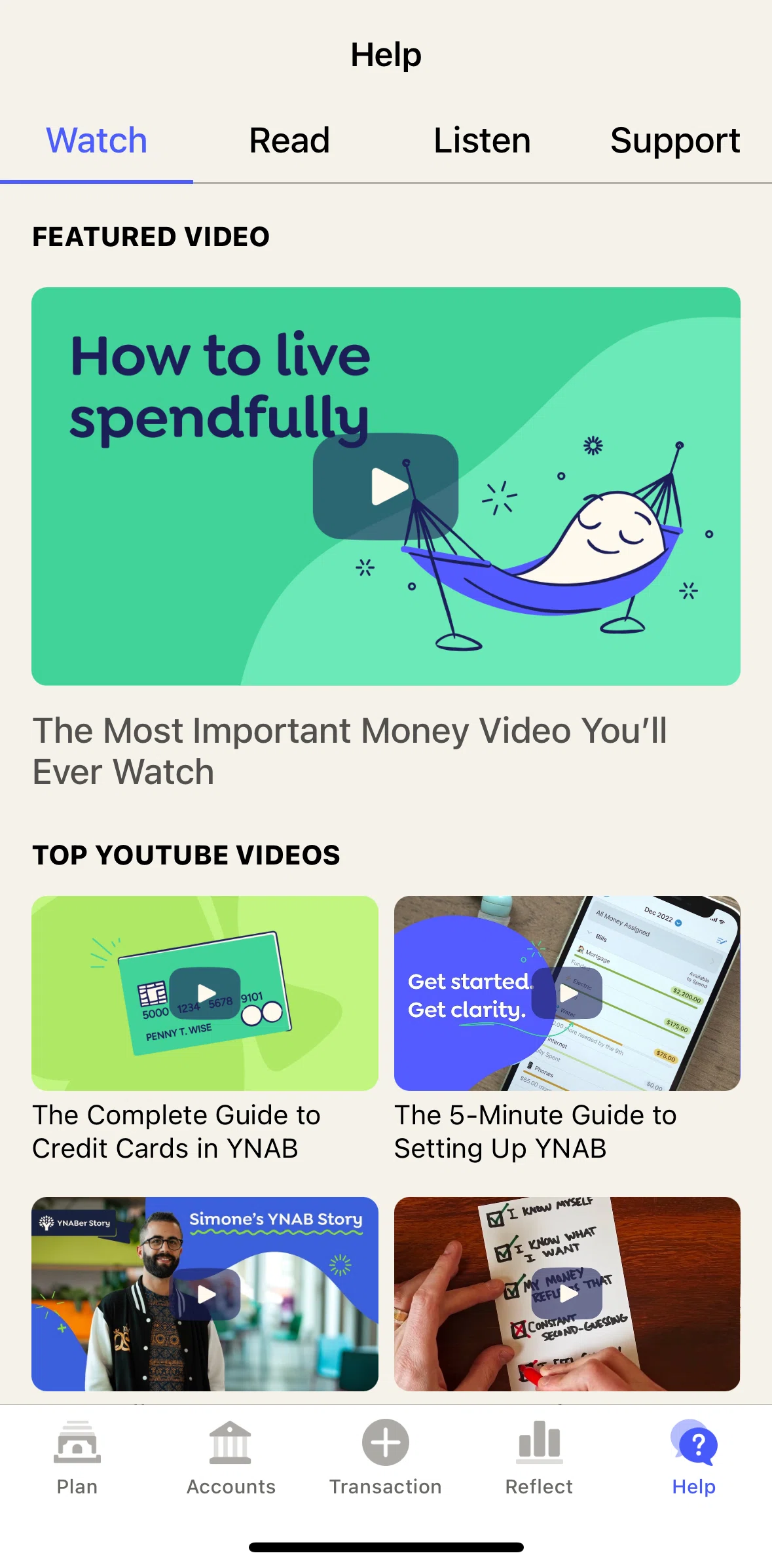 YNAB Screen screen in the Watch video flow