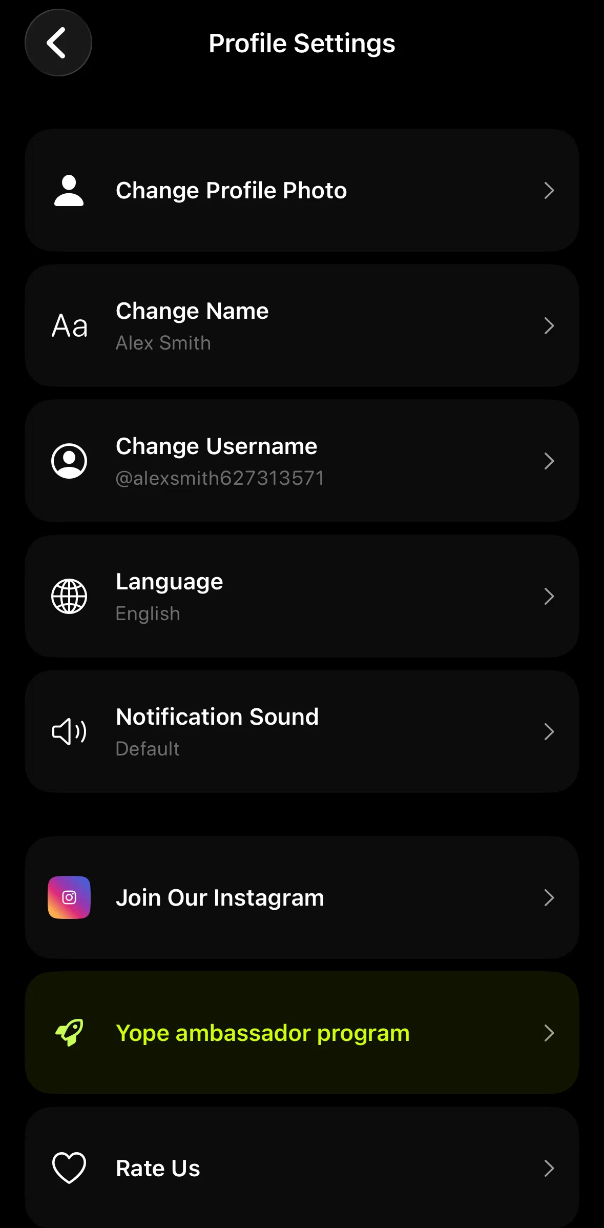 yope Screen screen in the Changing language flow