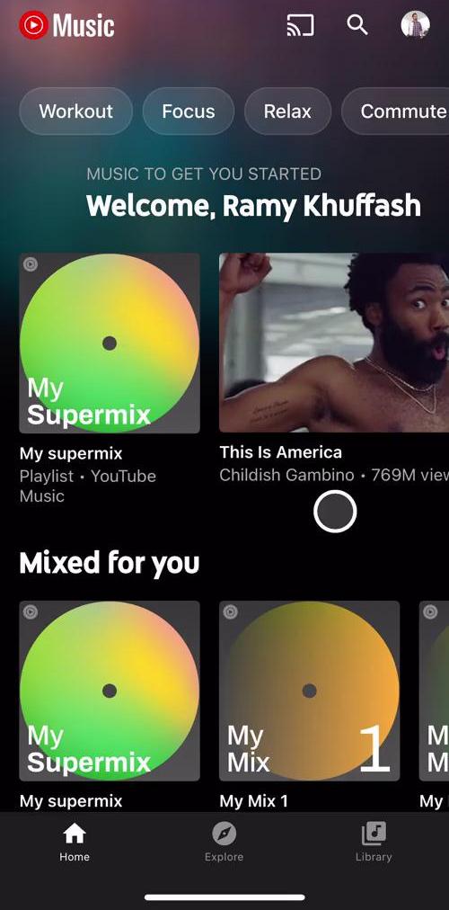 Youtube Music Home screen in the Creating A Playlist flow