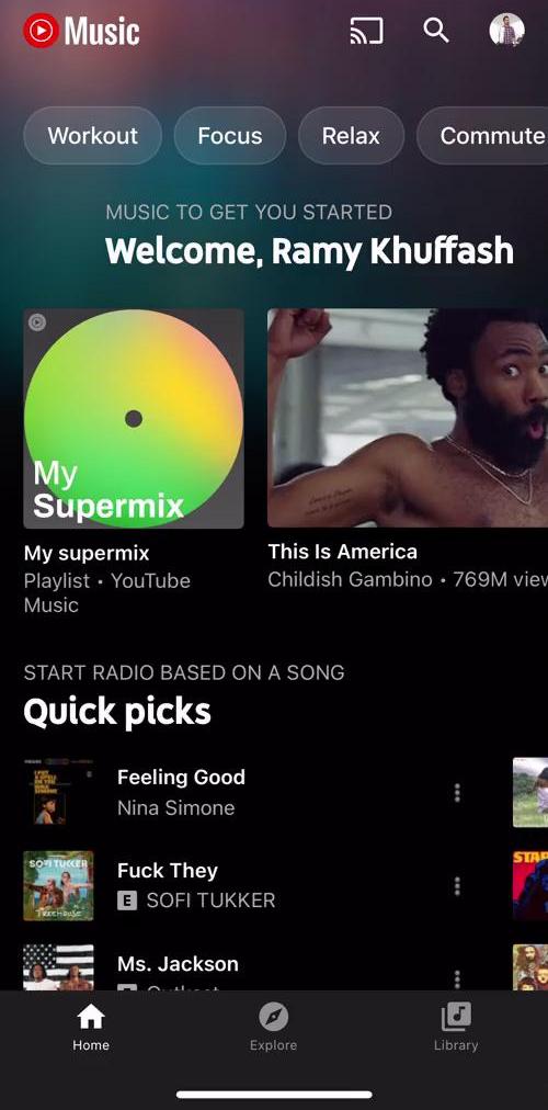 Youtube Music Home screen in the Discovering Content flow