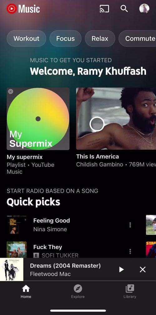 Youtube Music Home screen in the Listening flow
