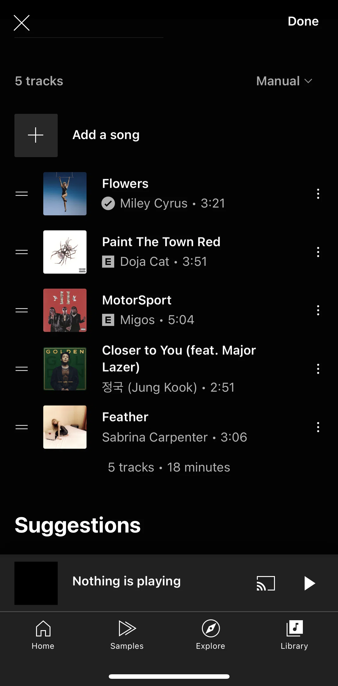Youtube Music Screen screen in the Reordering songs flow