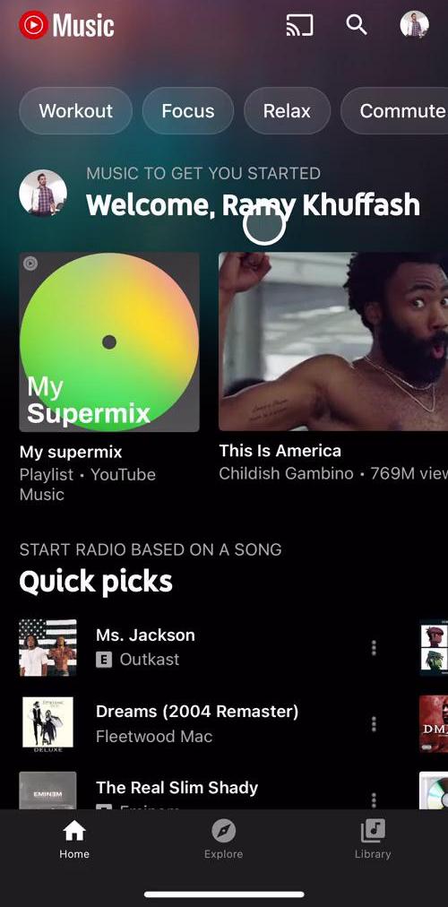 Youtube Music Home screen in the Searching flow
