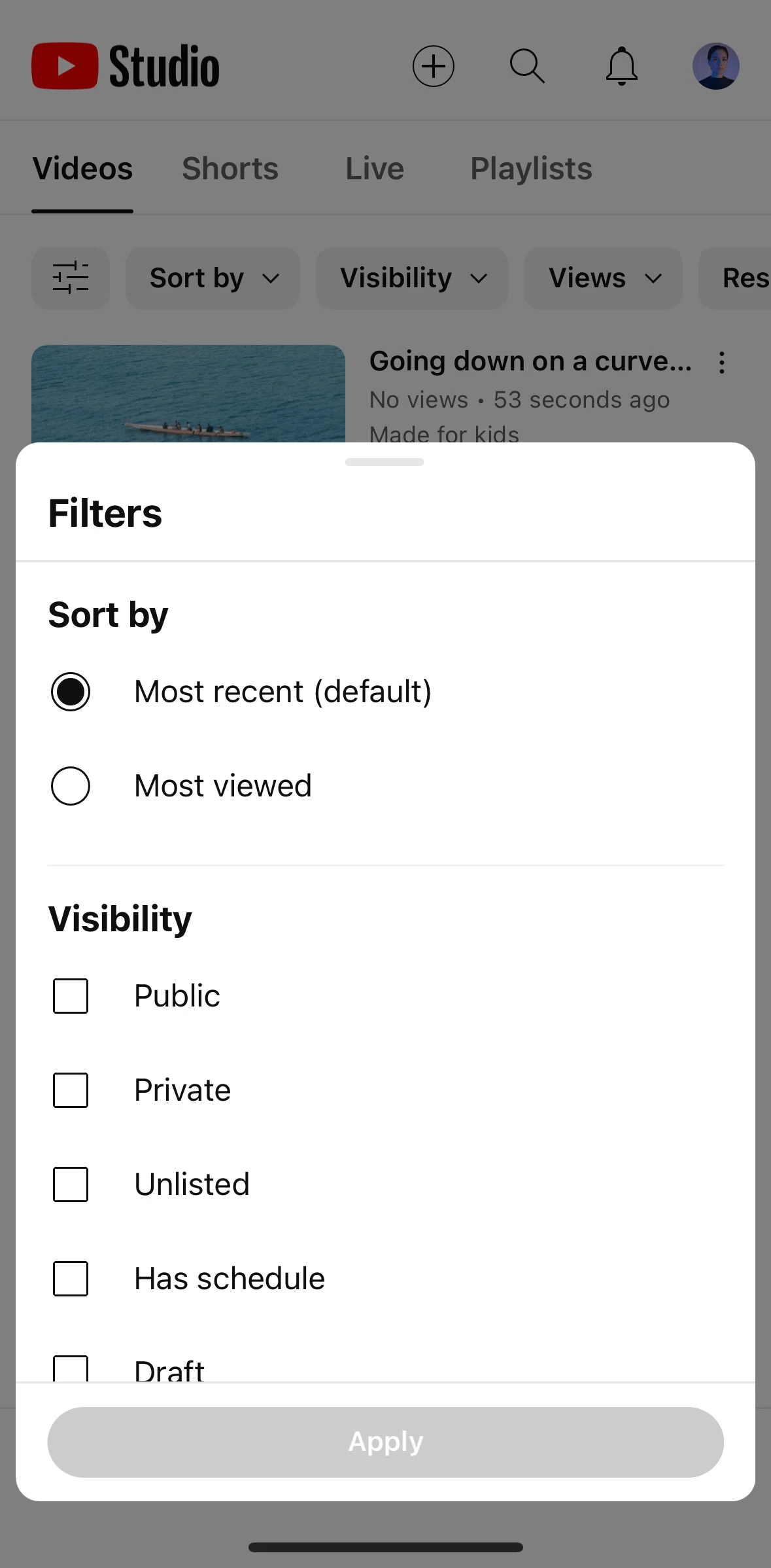 YouTube Studio Screen screen in the Filtering videos flow