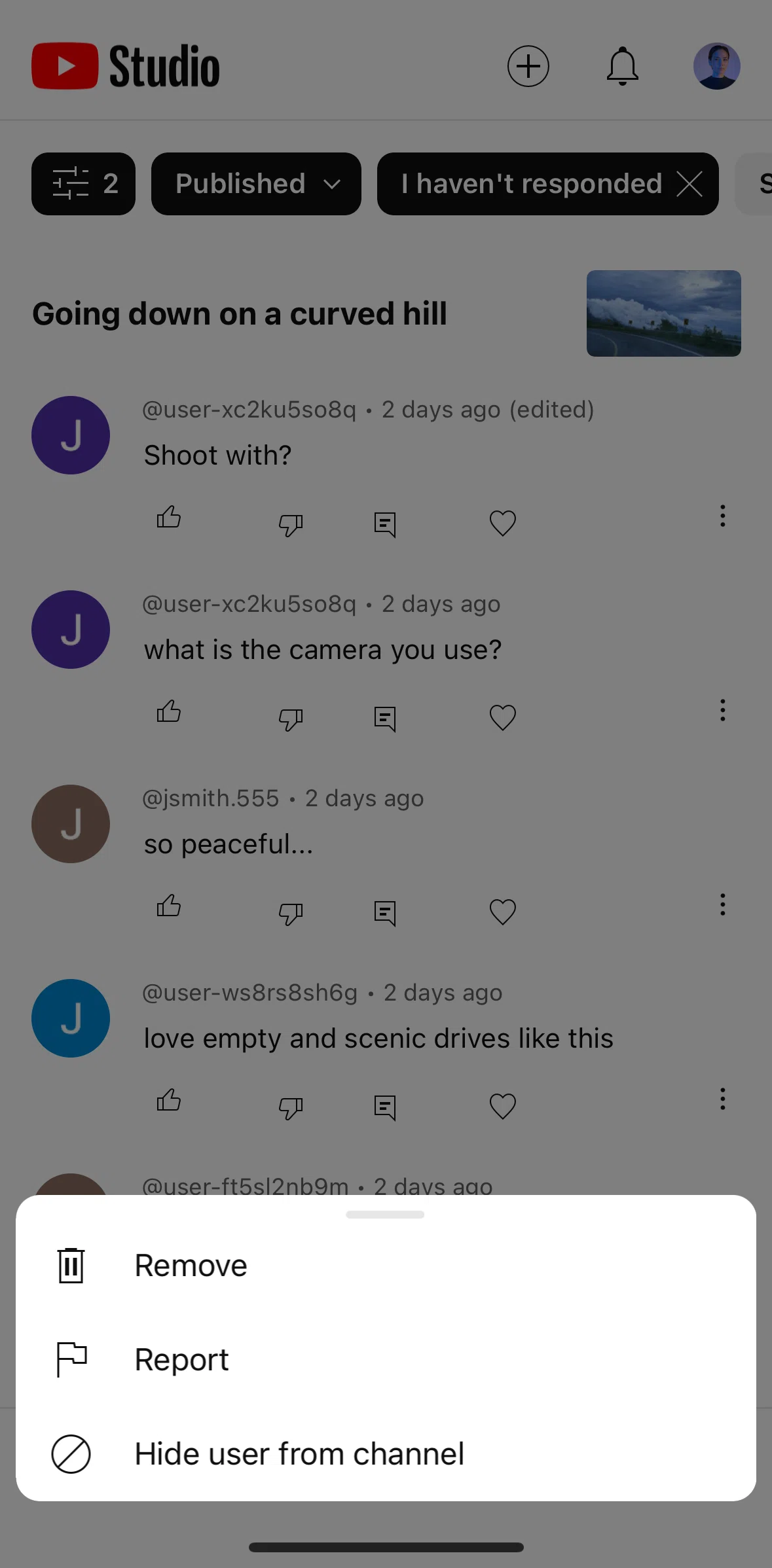 YouTube Studio Screen screen in the Hiding user from channel flow