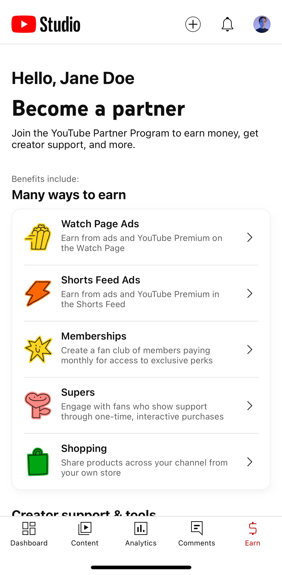 YouTube Studio Screen screen in the Partner program benefits flow