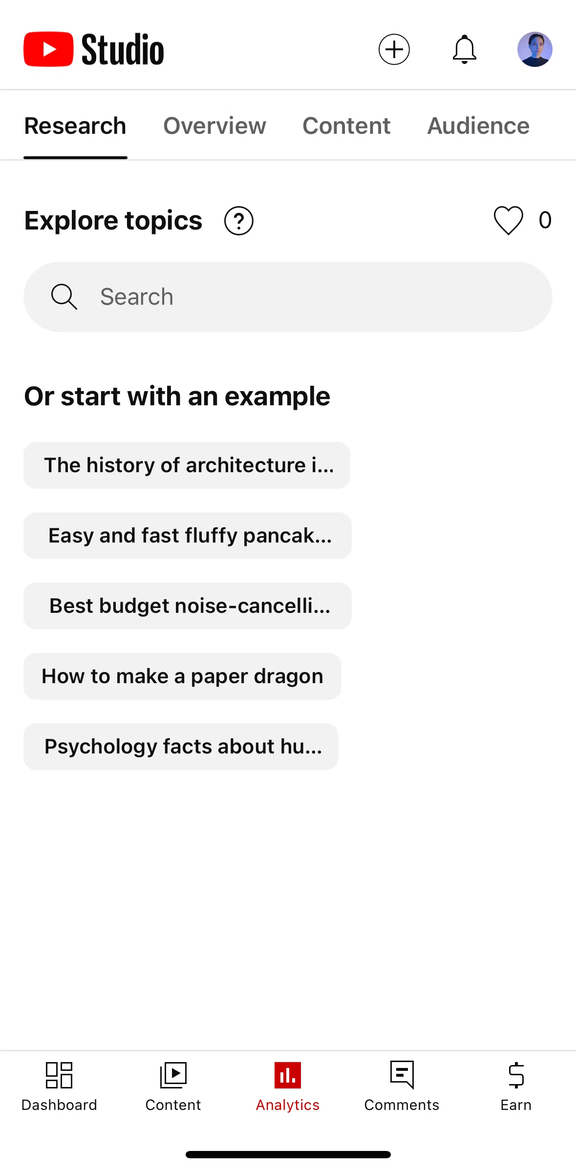 YouTube Studio Screen screen in the Searching topics flow