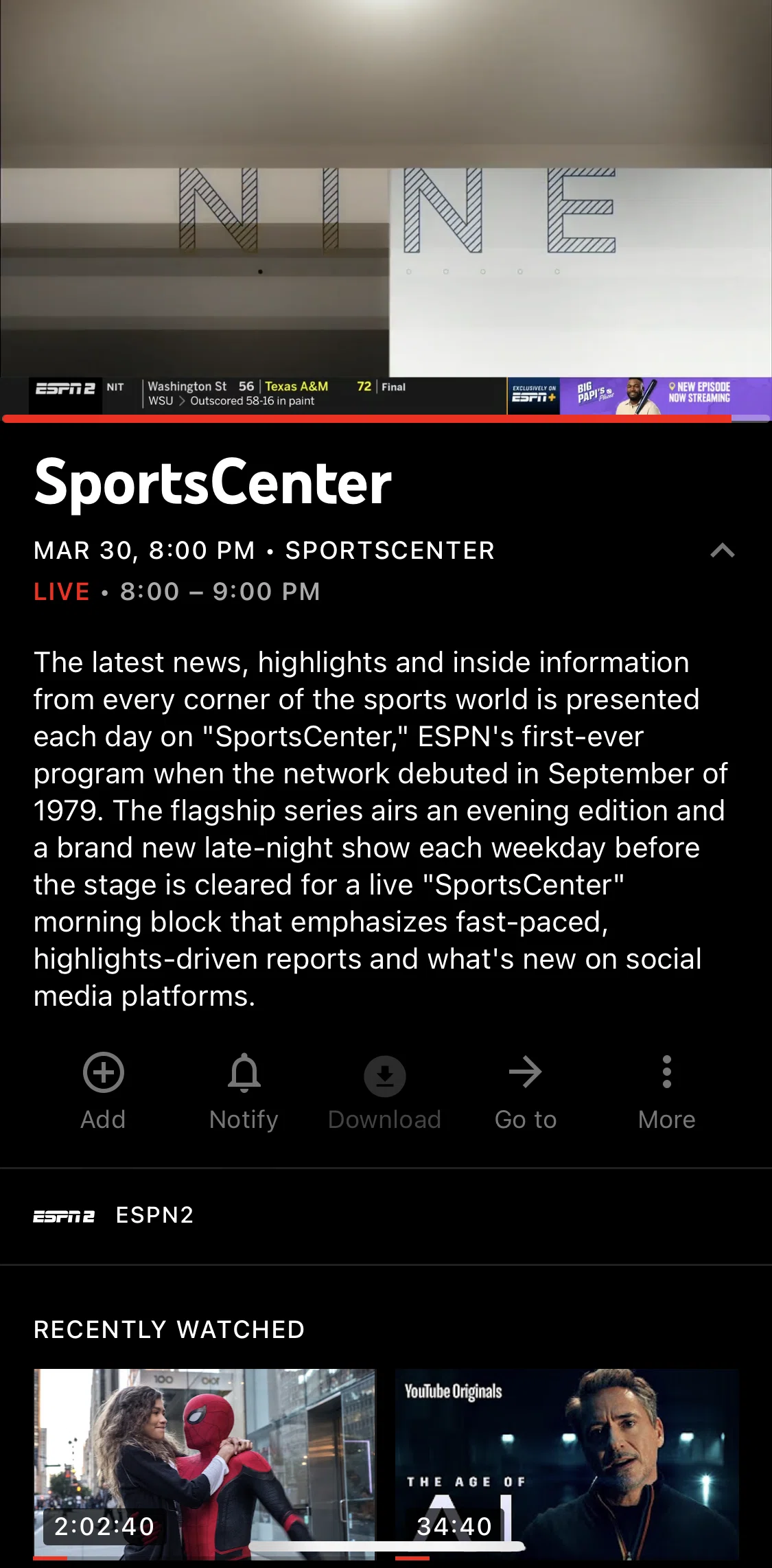 YouTube TV Screen screen in the Adding an episode to library flow