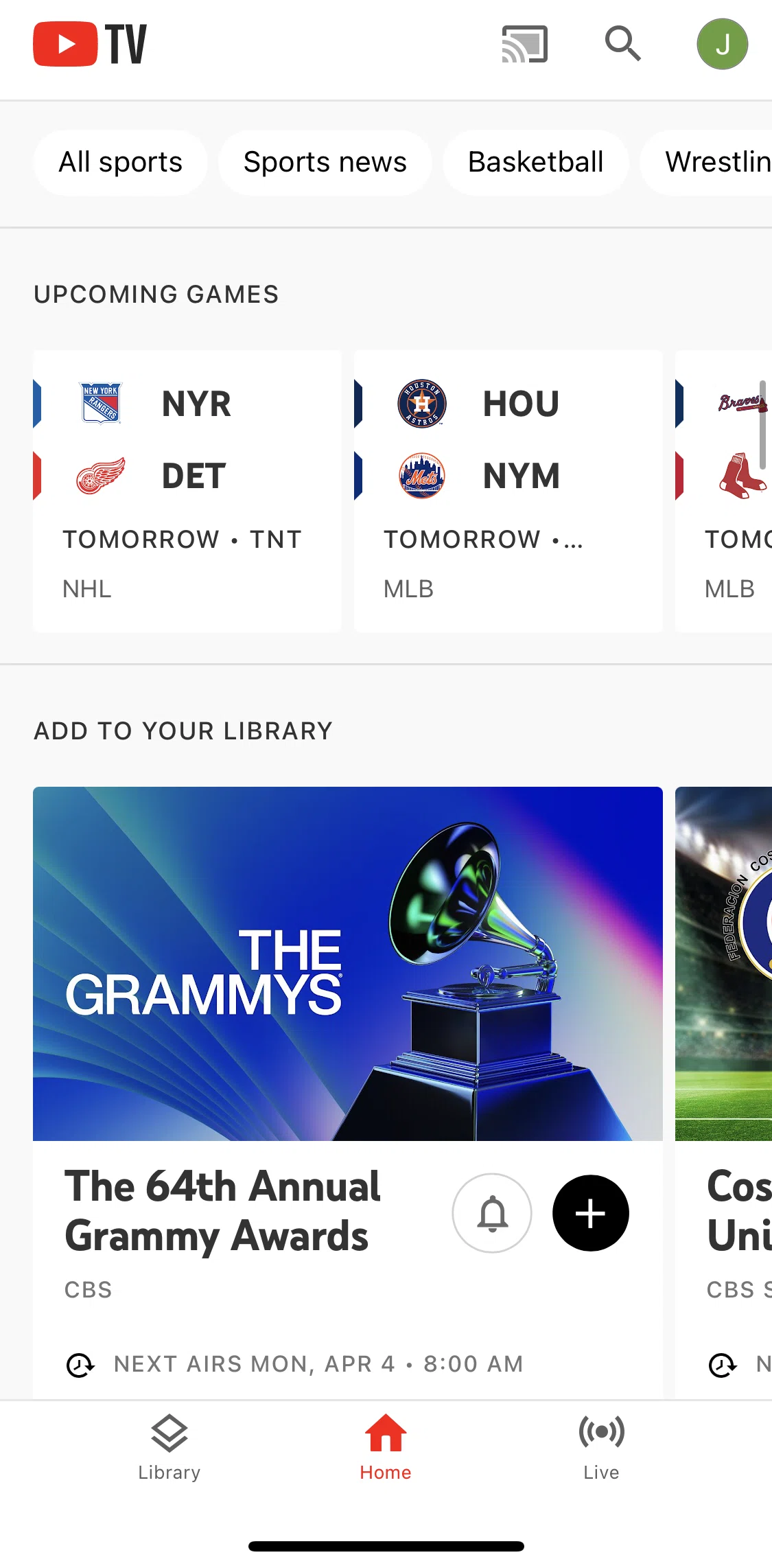 YouTube TV Screen screen in the Adding an event to library (home) flow