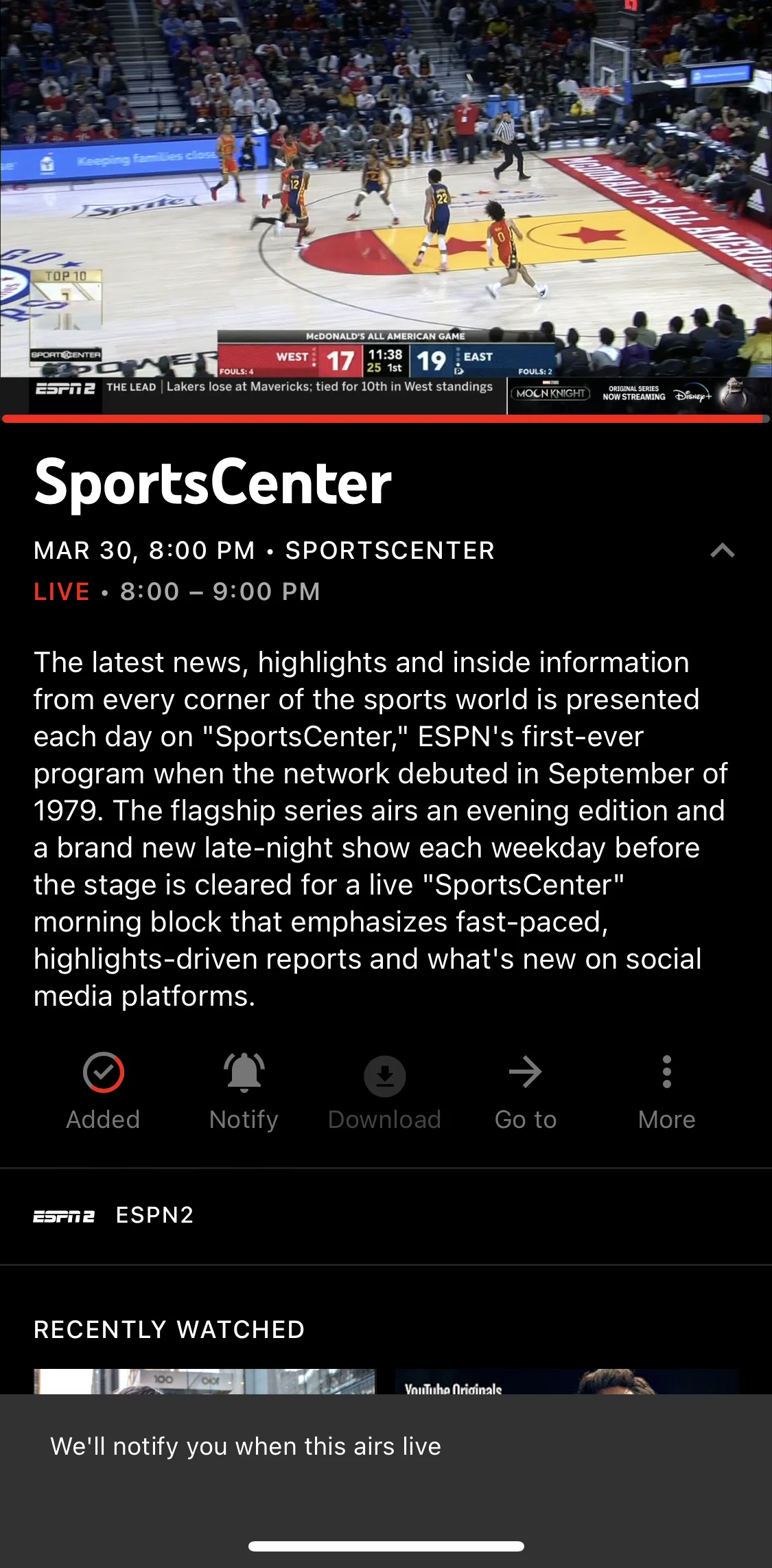YouTube TV Screen screen in the Downloading an episode flow