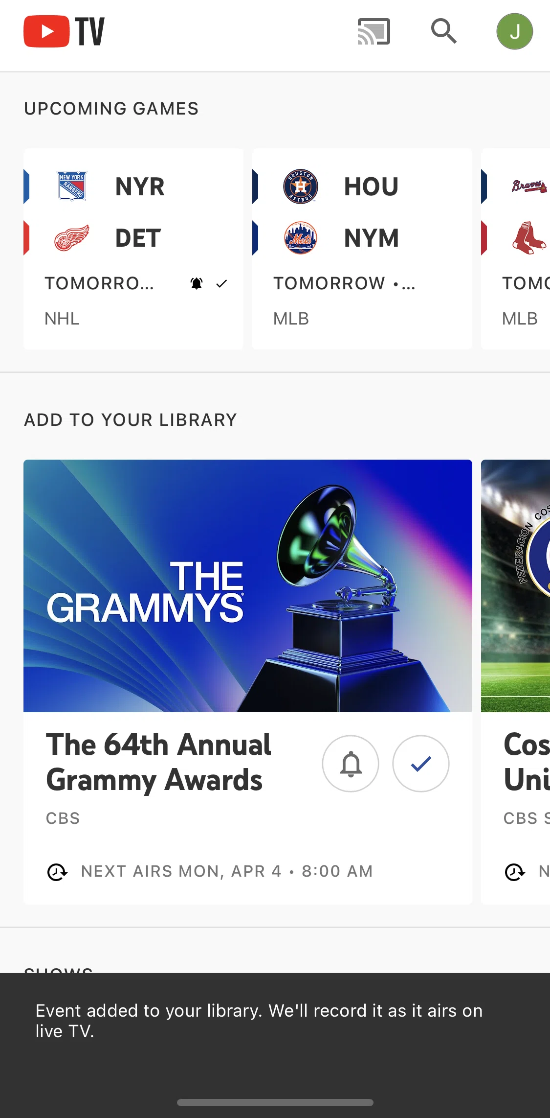 YouTube TV Screen screen in the Enabling notification for event (home) flow