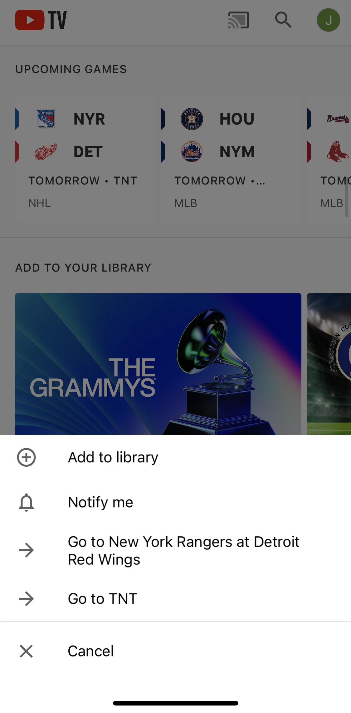 YouTube TV Screen screen in the Event detail flow