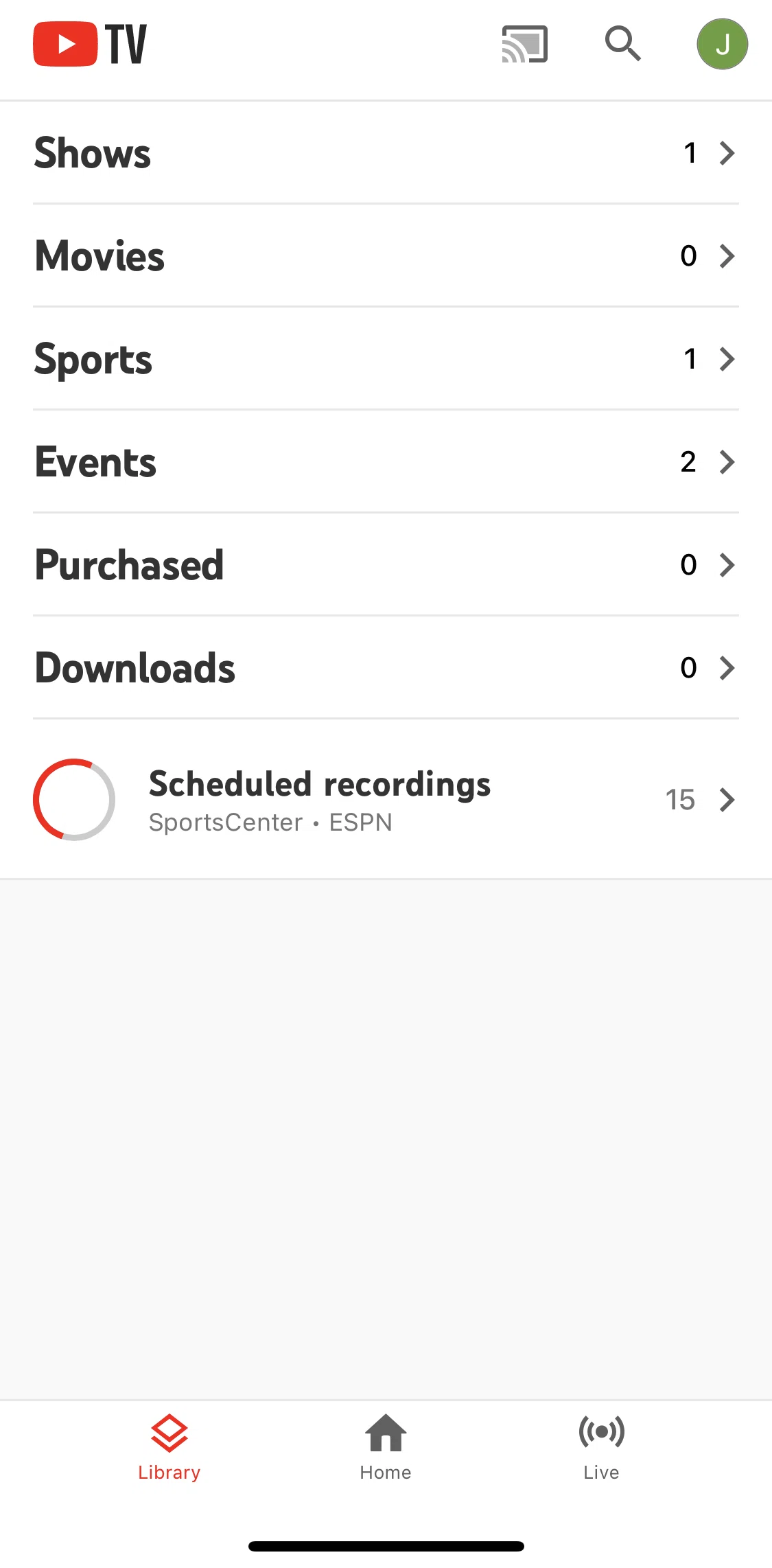YouTube TV Screen screen in the Events flow