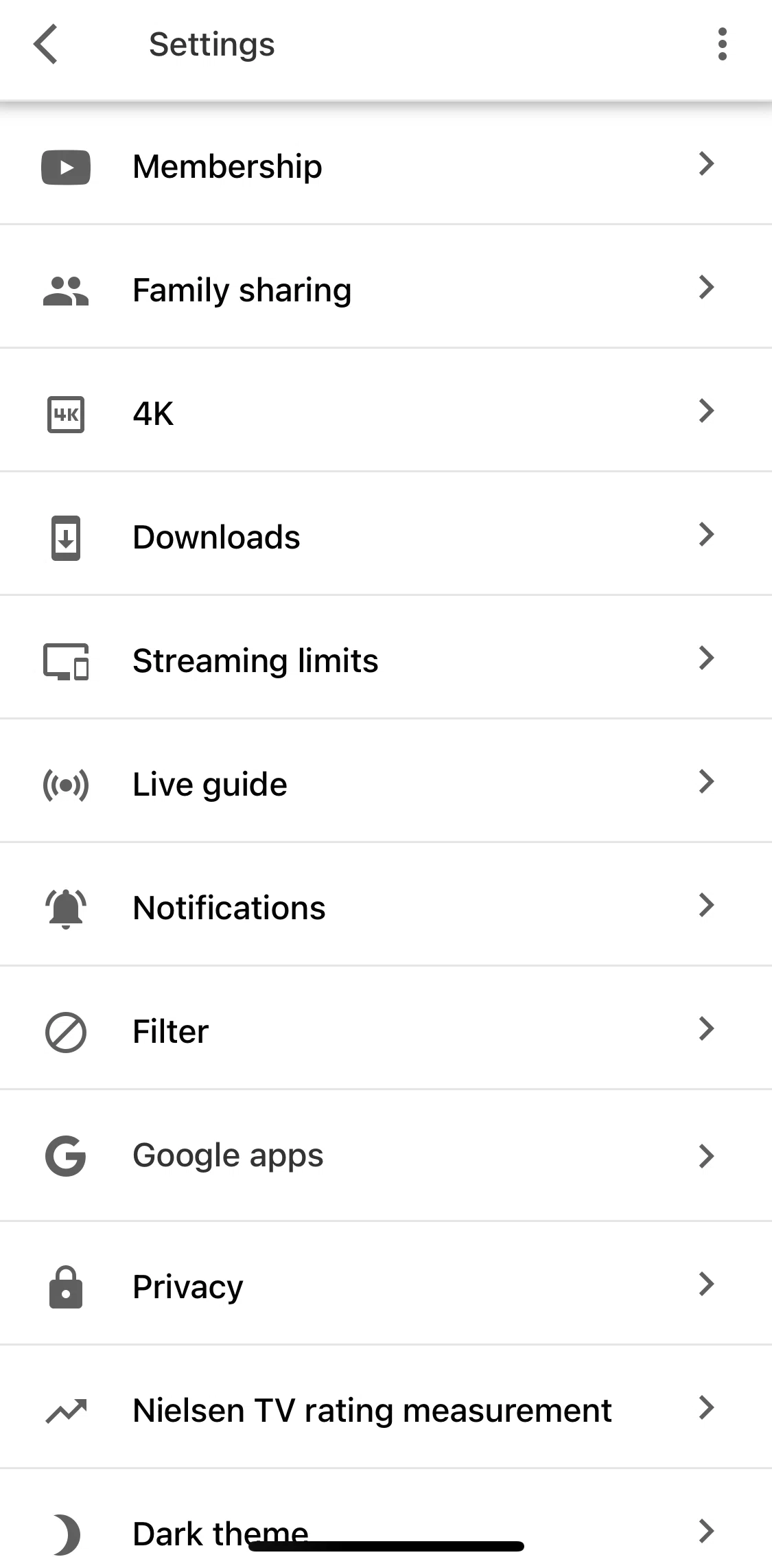 YouTube TV Screen screen in the Filter flow