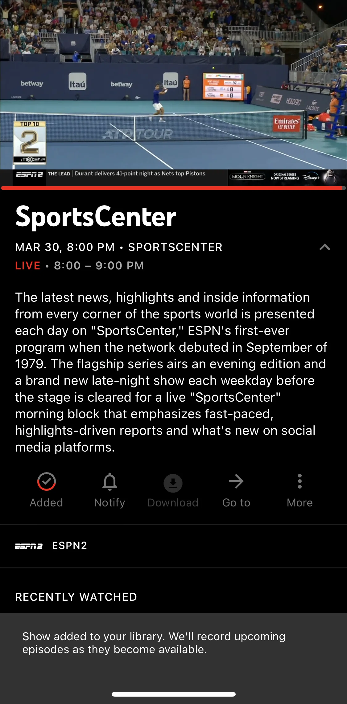 YouTube TV Screen screen in the Getting notified flow