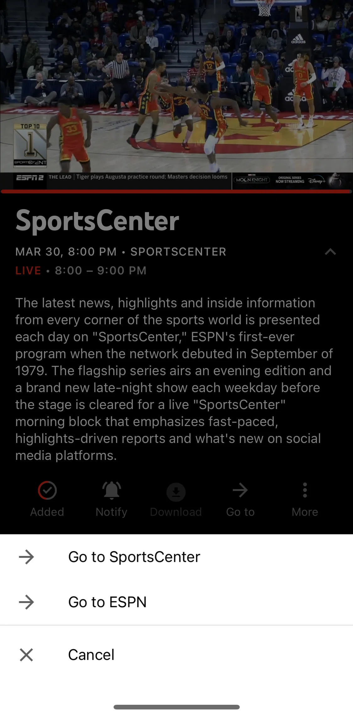 YouTube TV Screen screen in the Go to ESPN flow