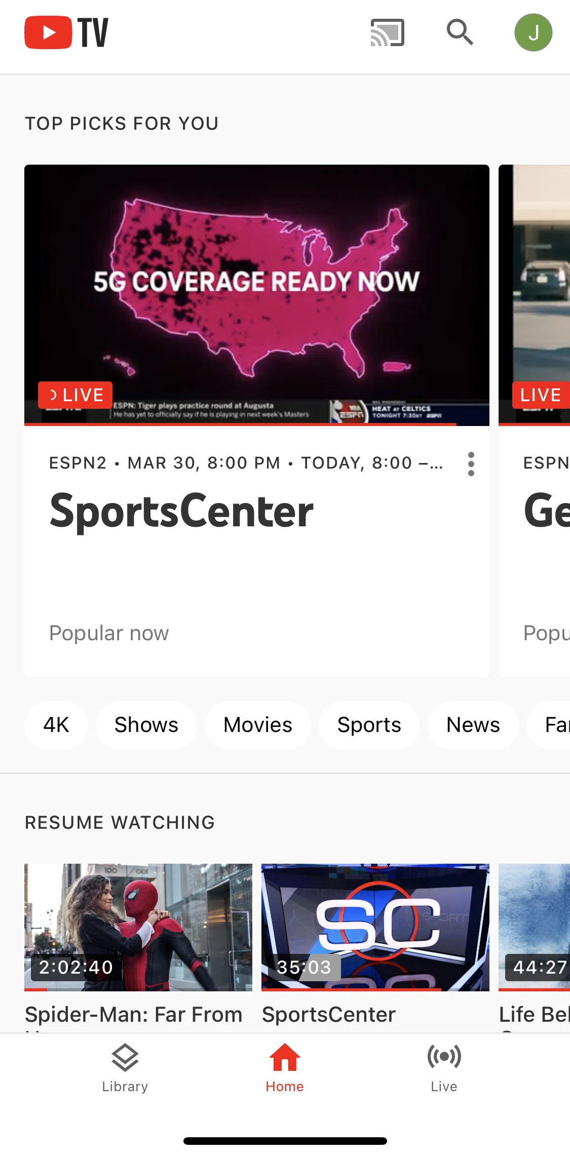 YouTube TV Screen screen in the Home flow