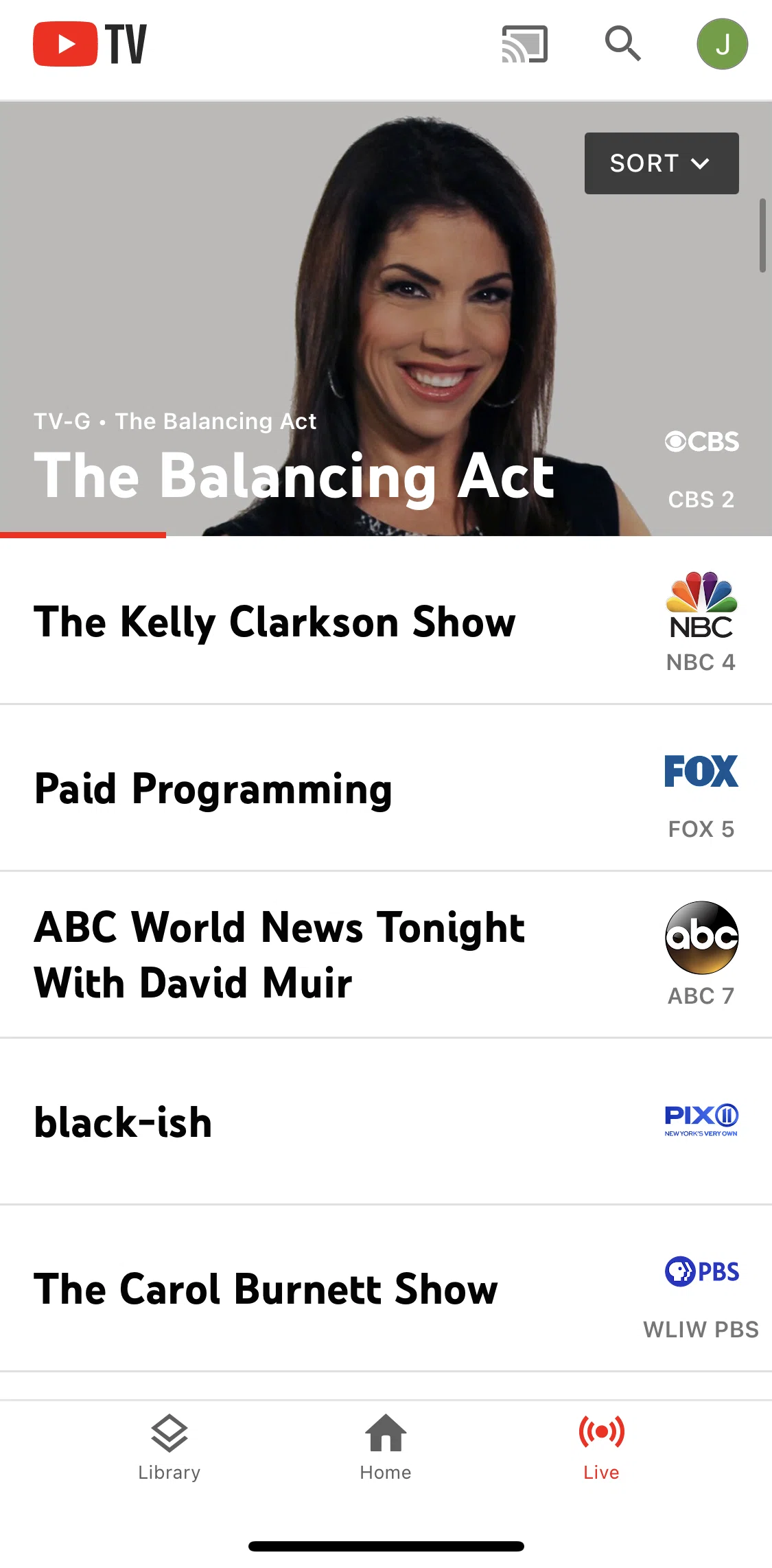 YouTube TV Screen screen in the Live flow