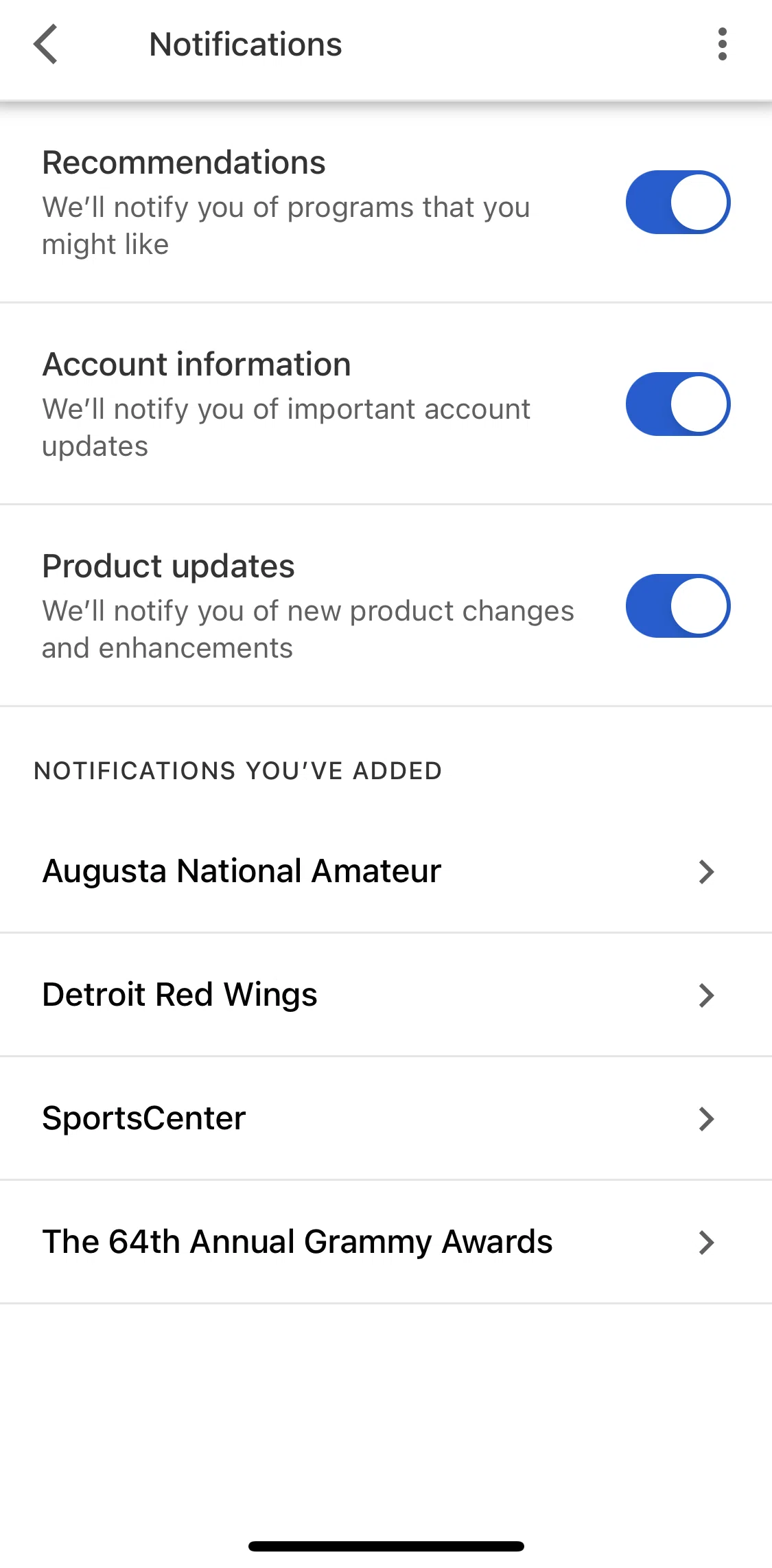 YouTube TV Screen screen in the Managing added notifications flow
