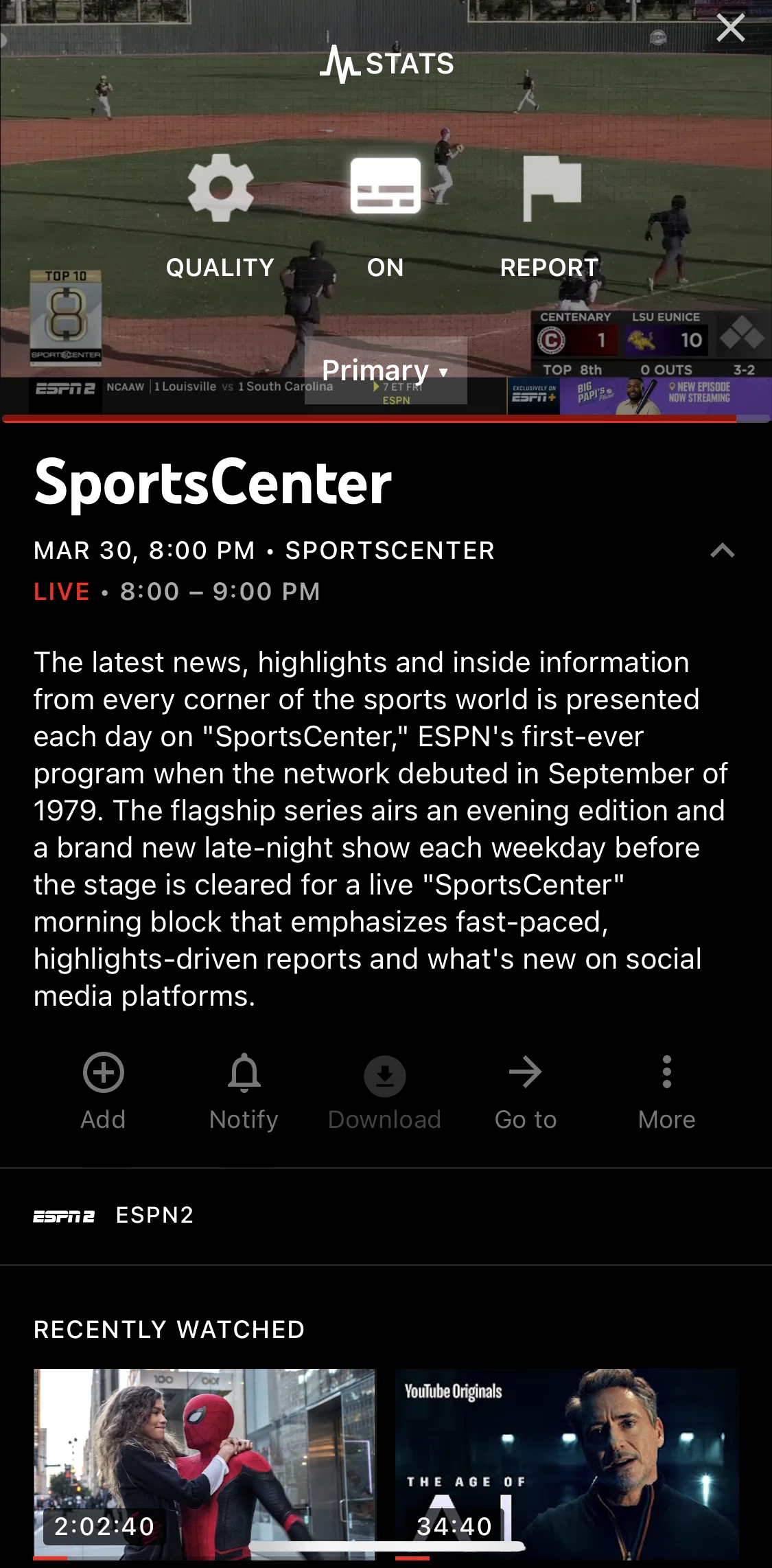 YouTube TV Screen screen in the Reporting a video flow