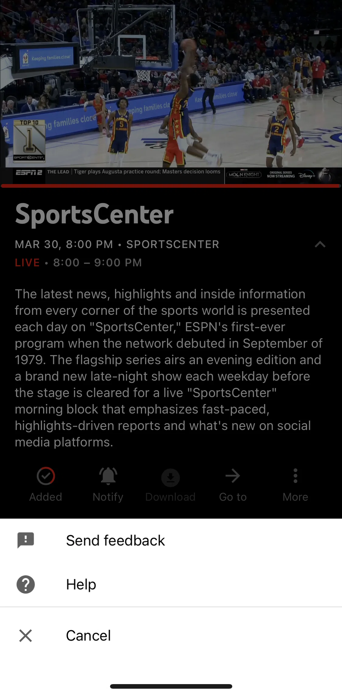 YouTube TV Screen screen in the Sending feedback flow
