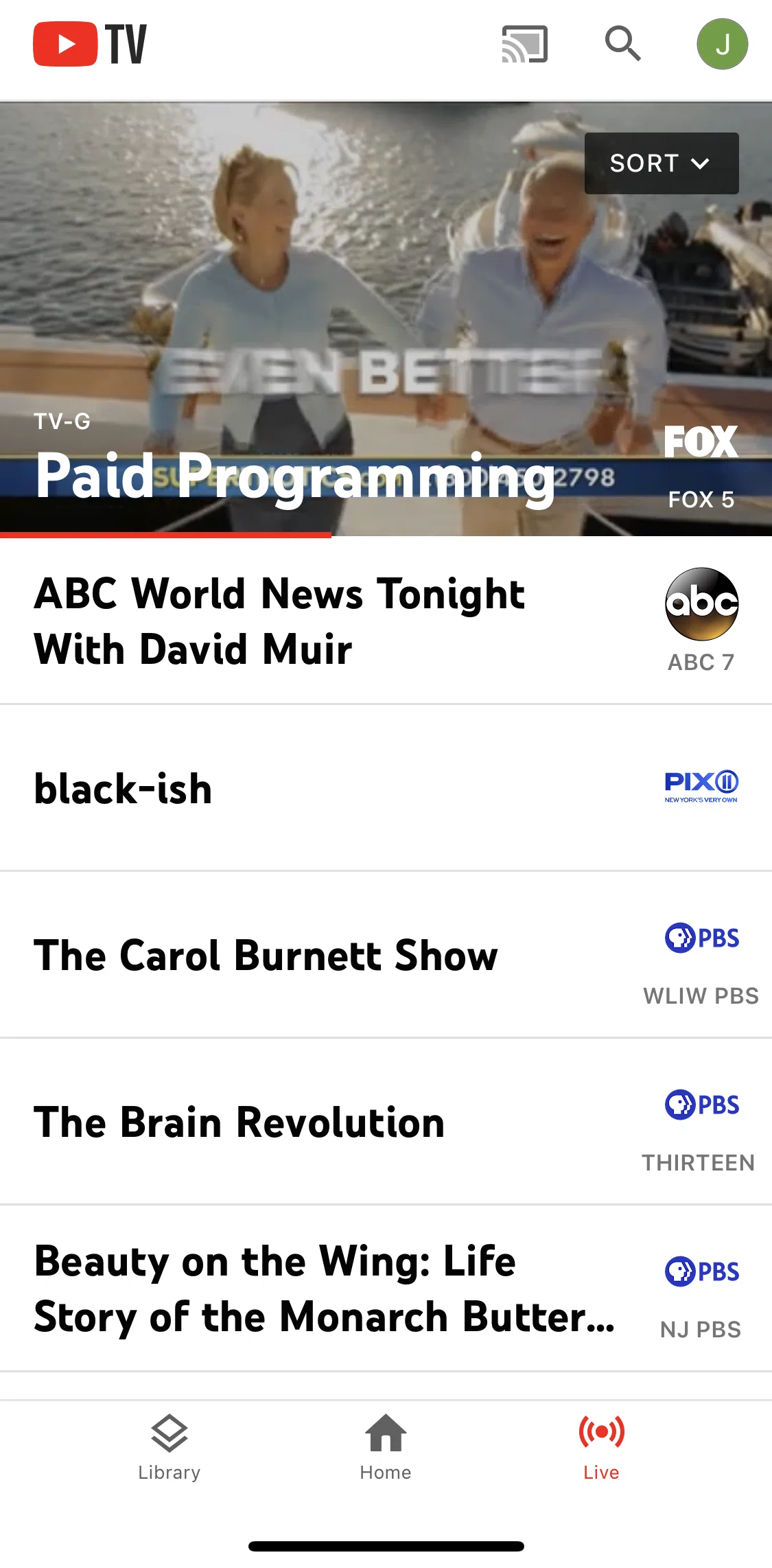 YouTube TV Screen screen in the Sorting live content flow