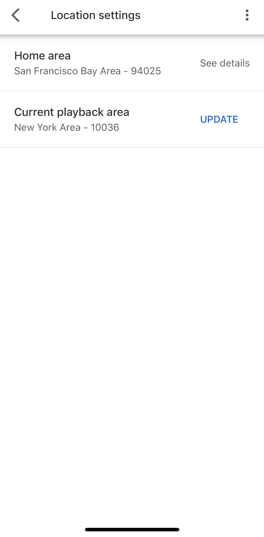 YouTube TV Screen screen in the Updating current playback area flow