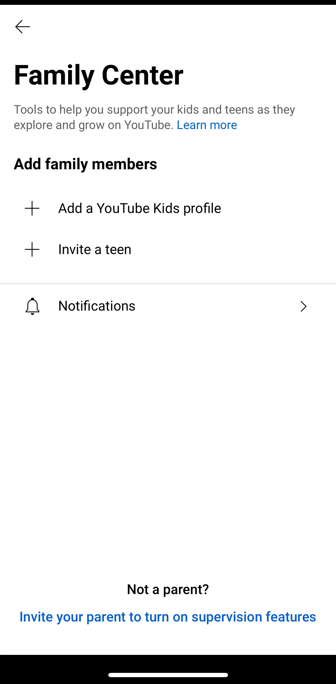 Youtube Screen 1 screen in the Creating a kids profile flow