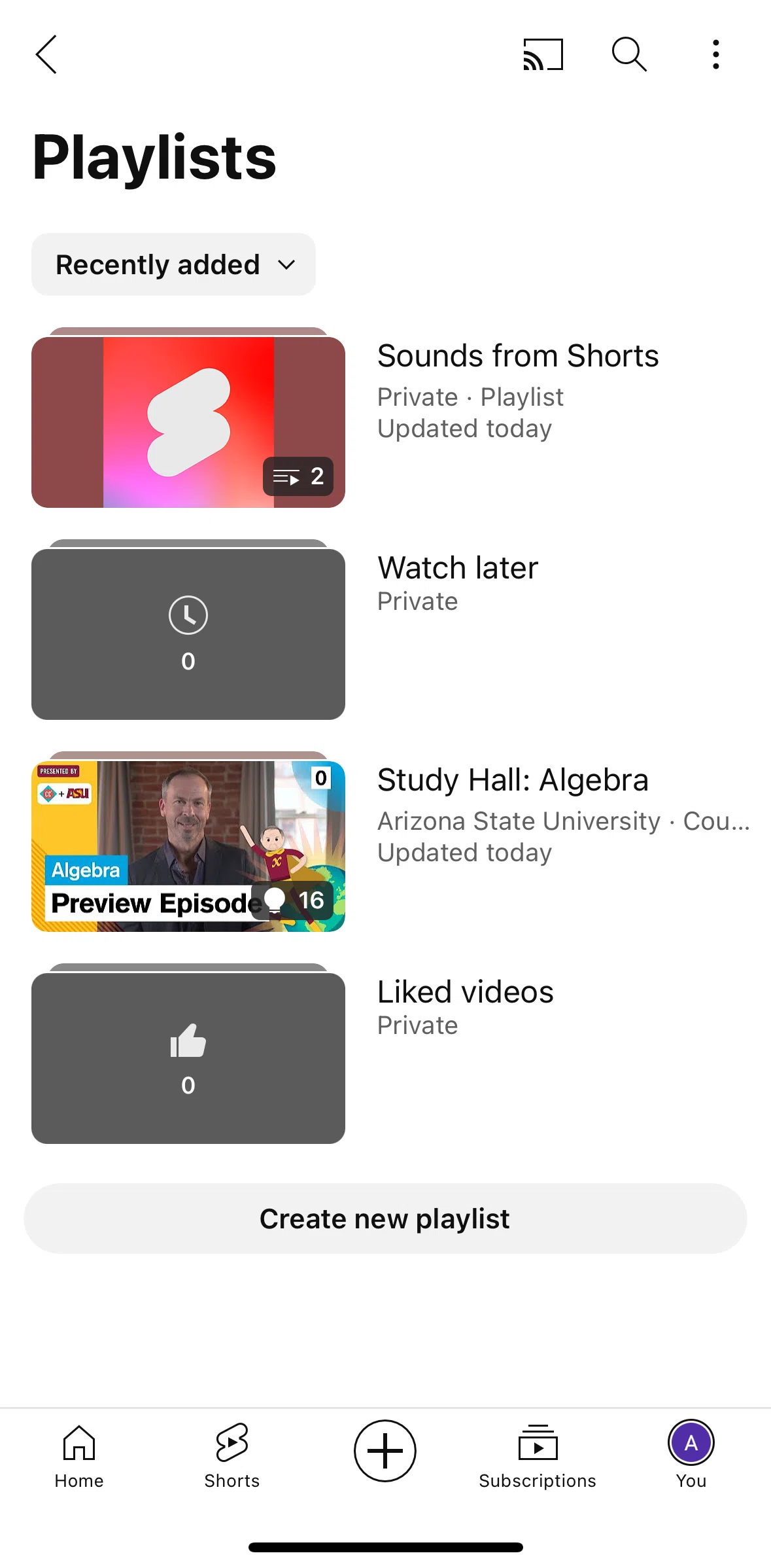 Youtube Screen 1 screen in the Creating a new playlist flow