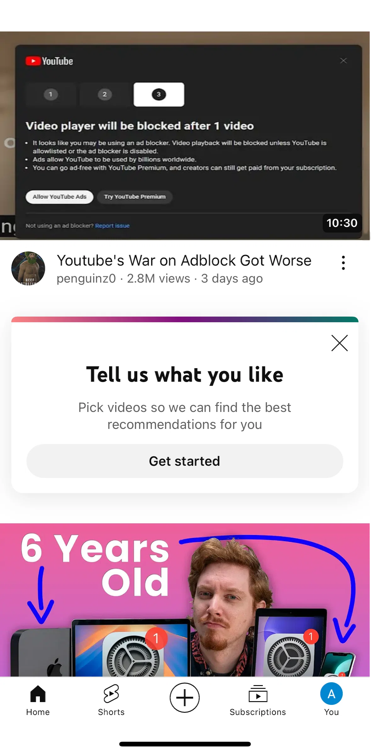 Youtube Screen 1 screen in the Customizing YouTube recommendations flow