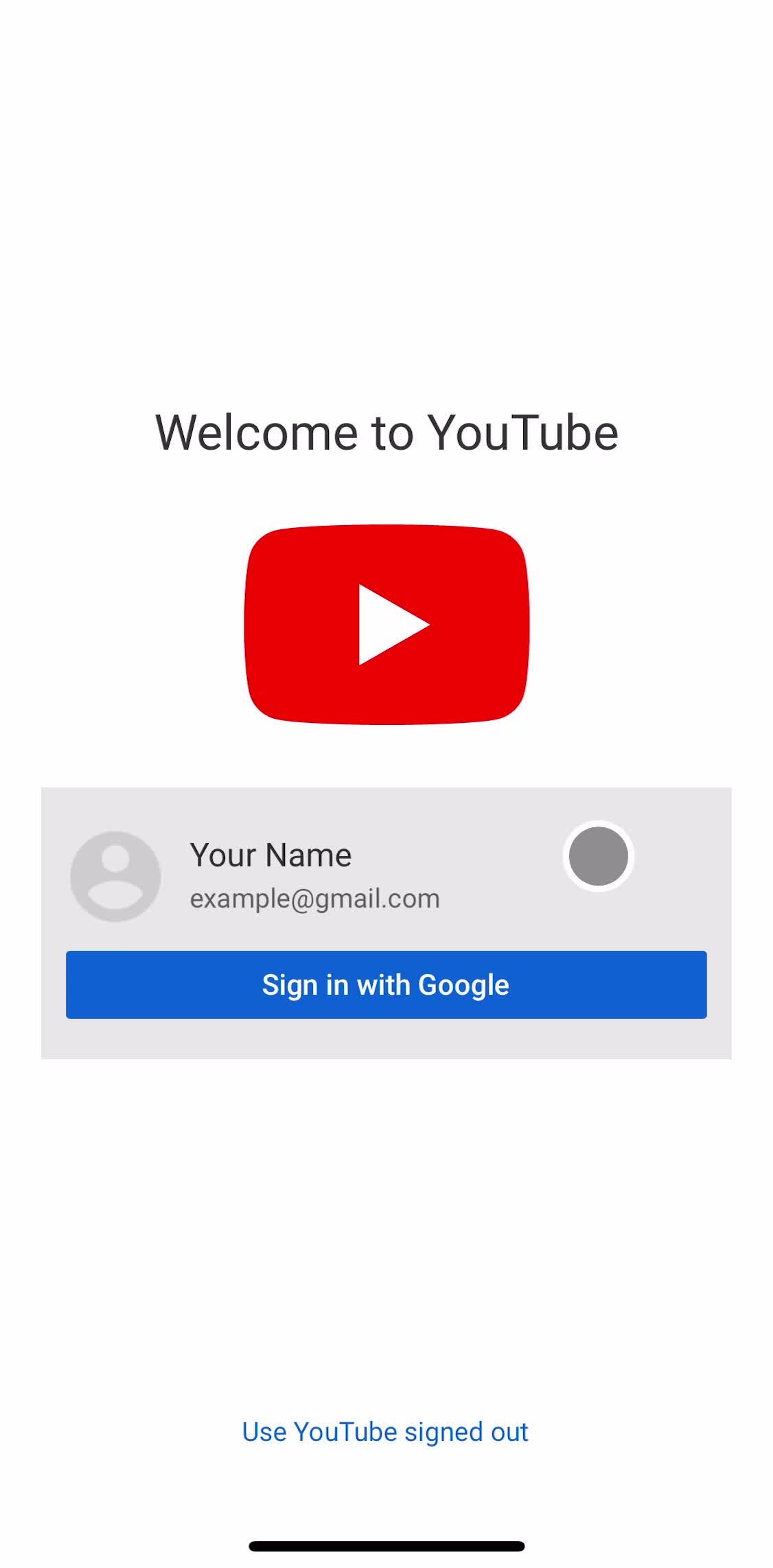Youtube Sign in screen in the Onboarding flow