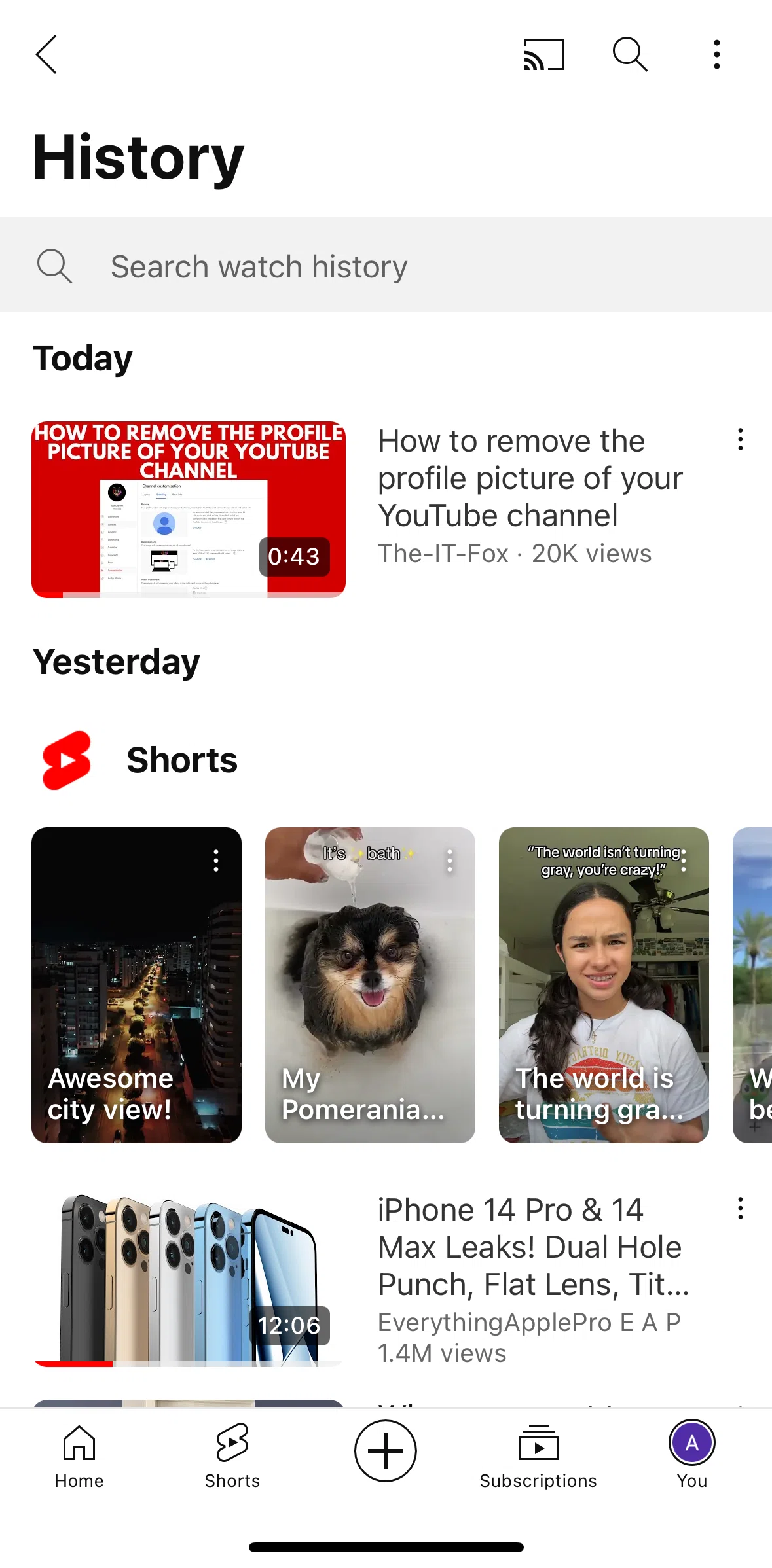 Youtube Screen 1 screen in the Pausing watch history flow
