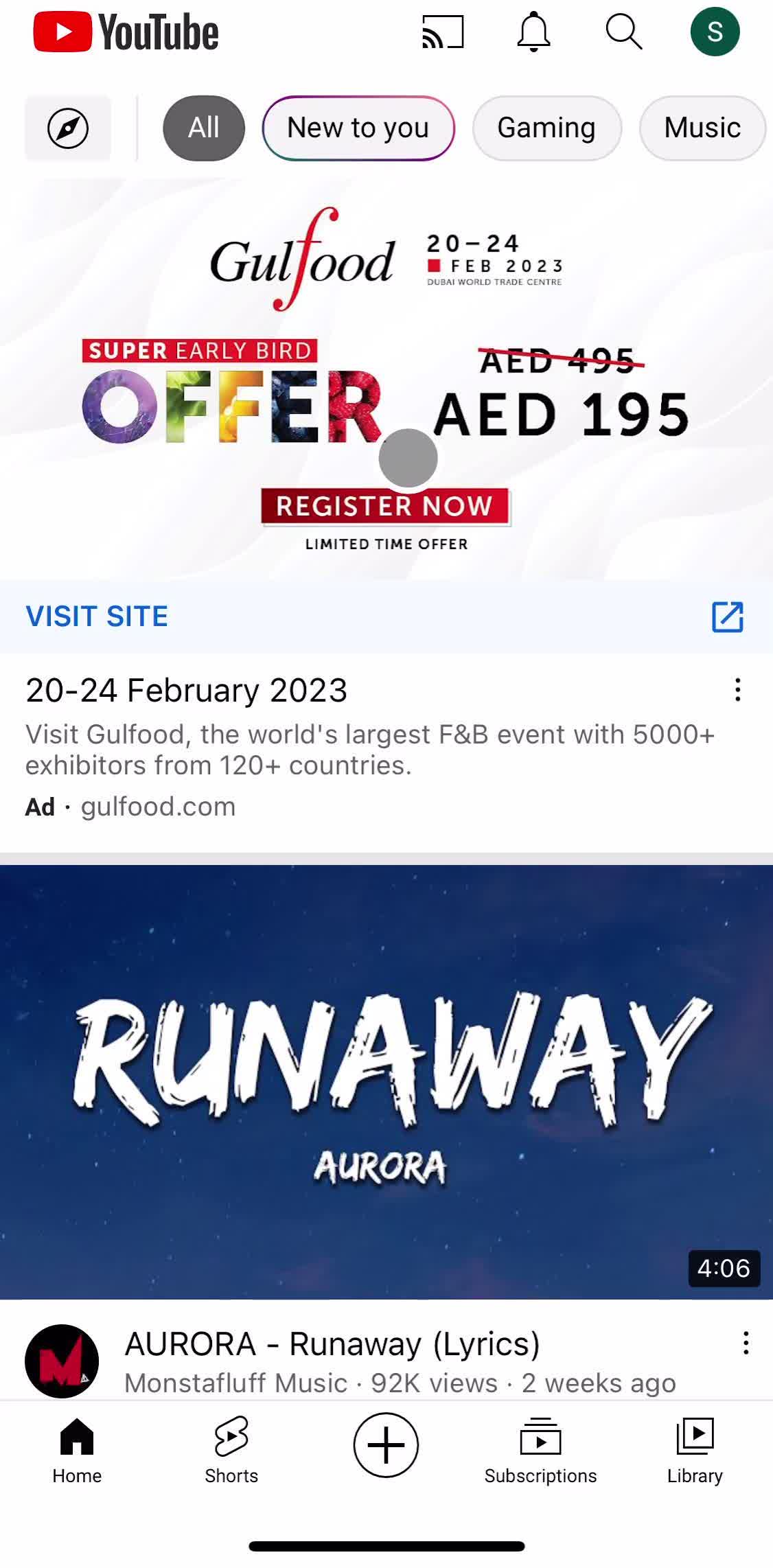 Youtube Home screen in the Sharing A Video flow