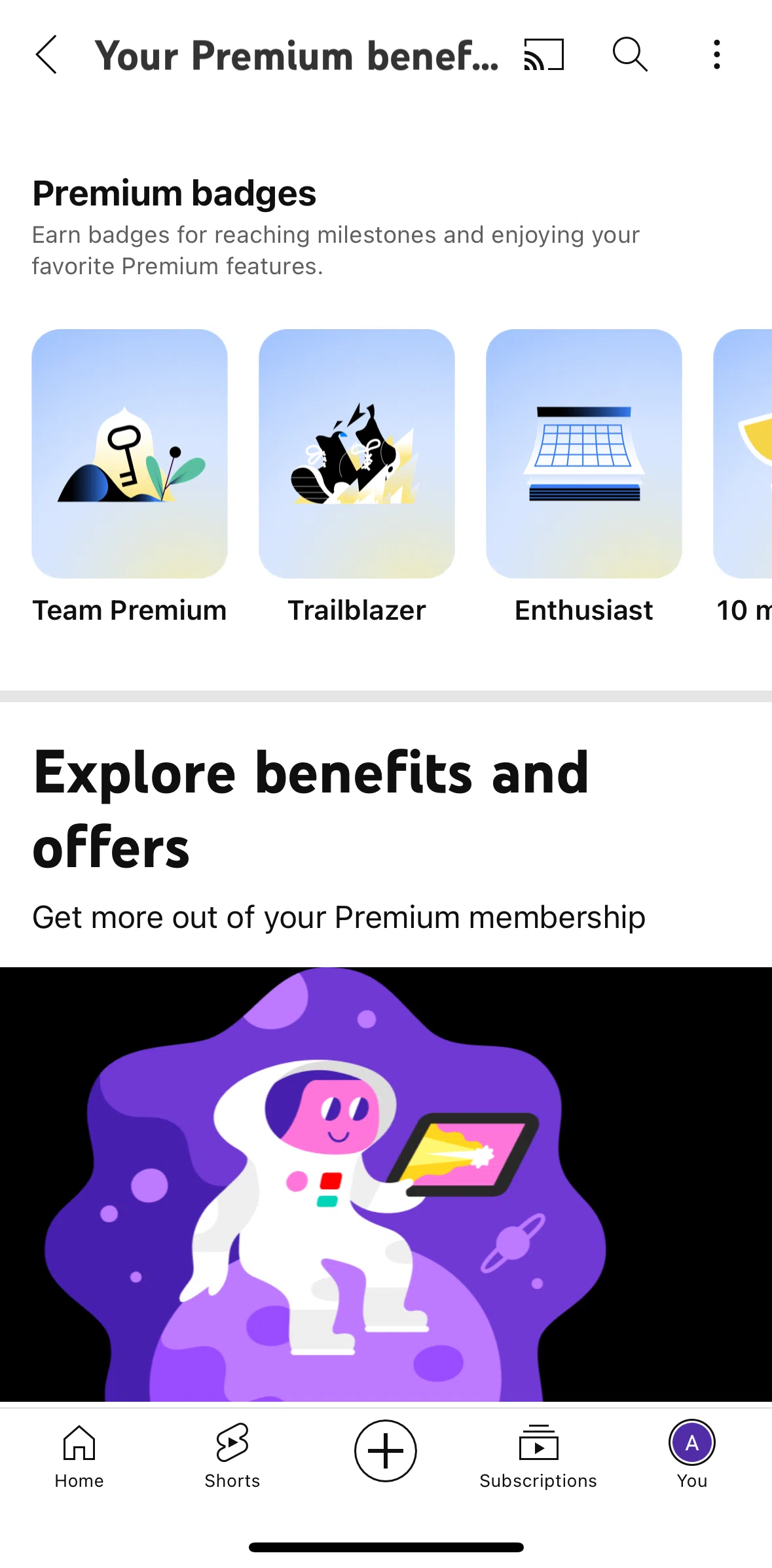Youtube Screen 1 screen in the View premium badges flow
