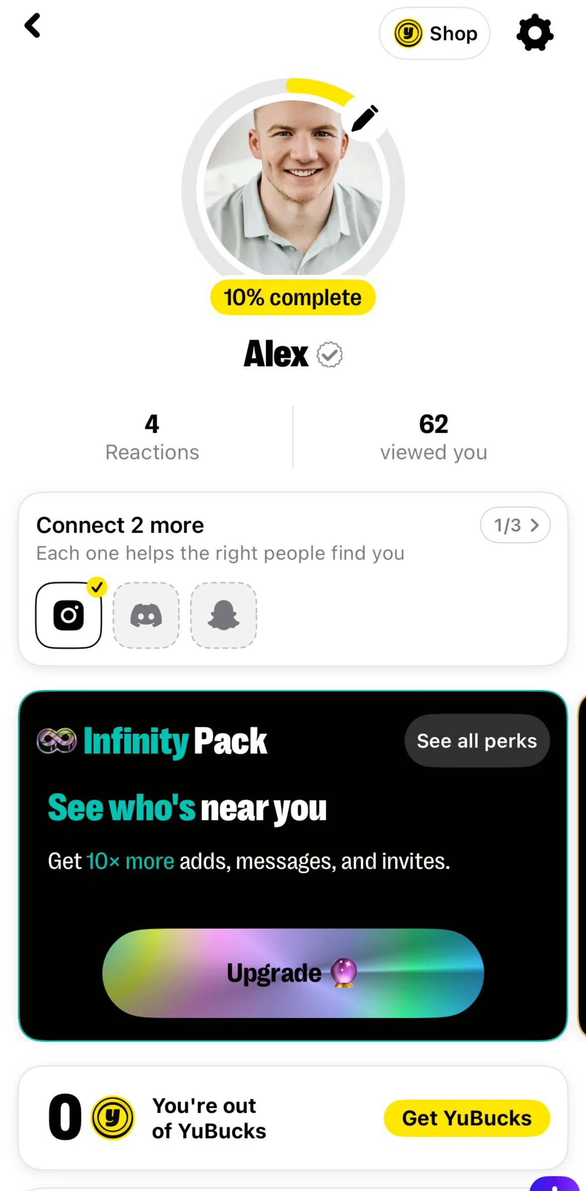 Yubo Screen screen in the Social links flow