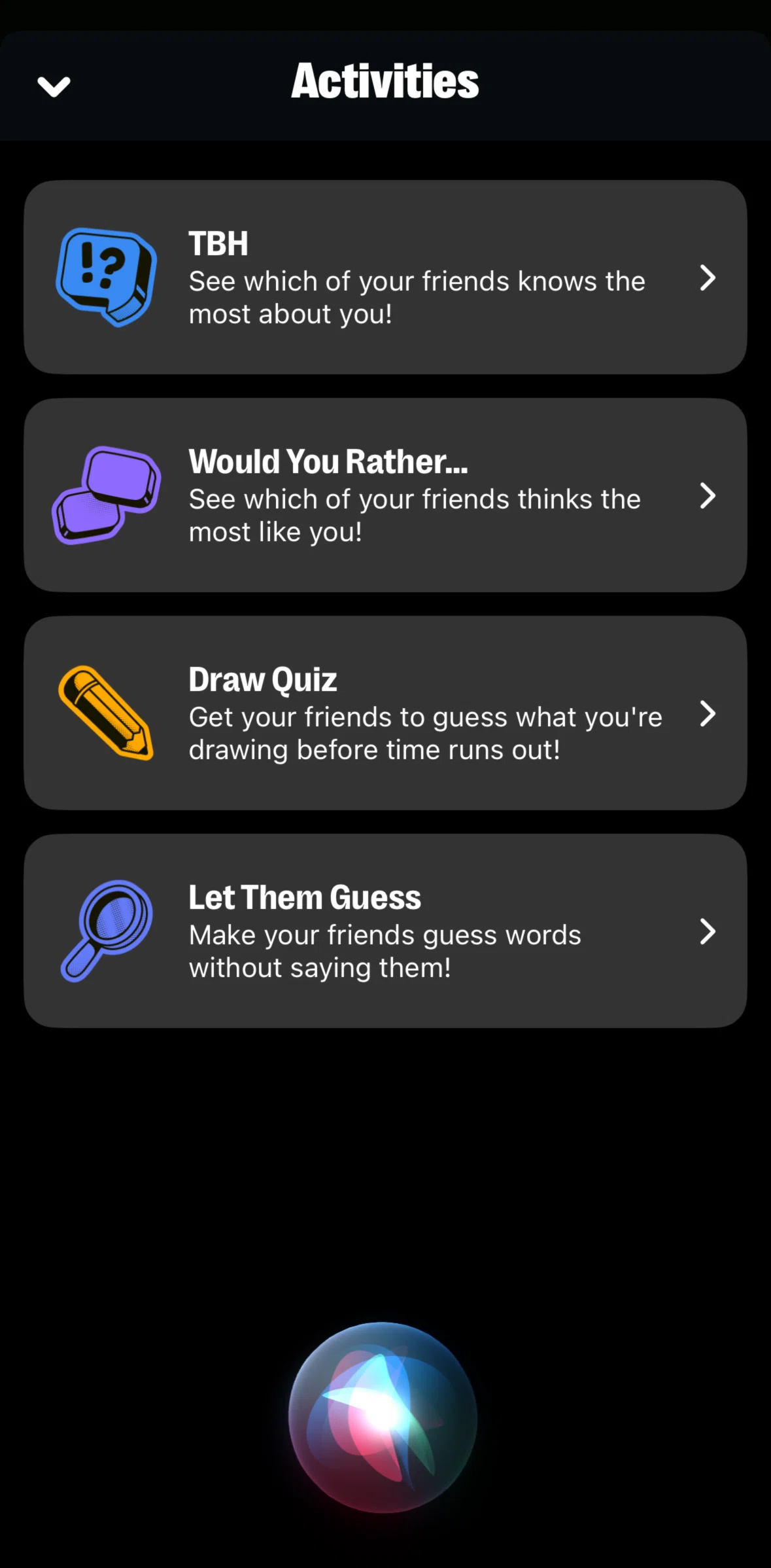 Yubo Screen screen in the Starting an activity (would you rather) flow