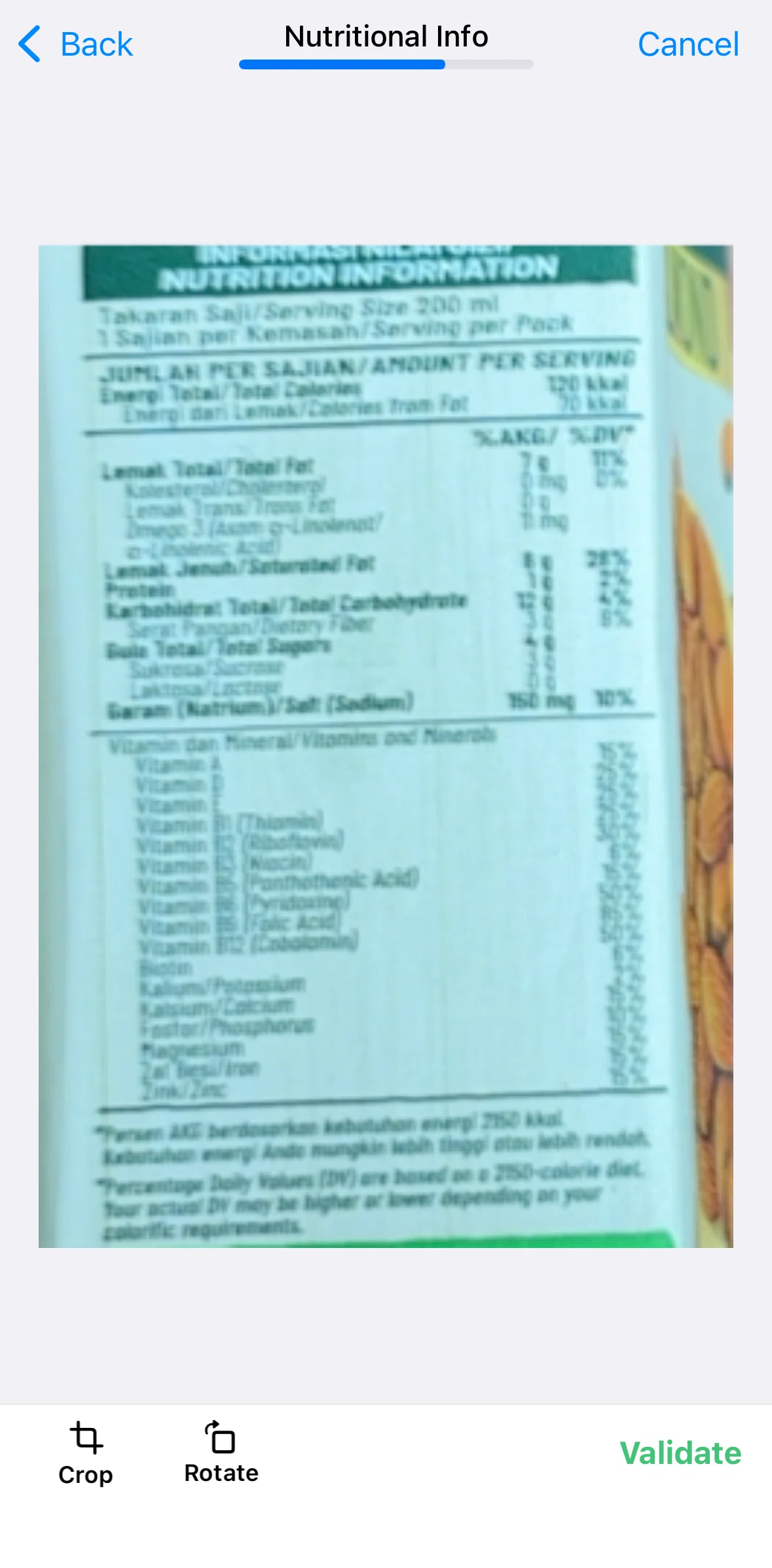 Yuka Screen 1 screen in the Adding nutritional info flow