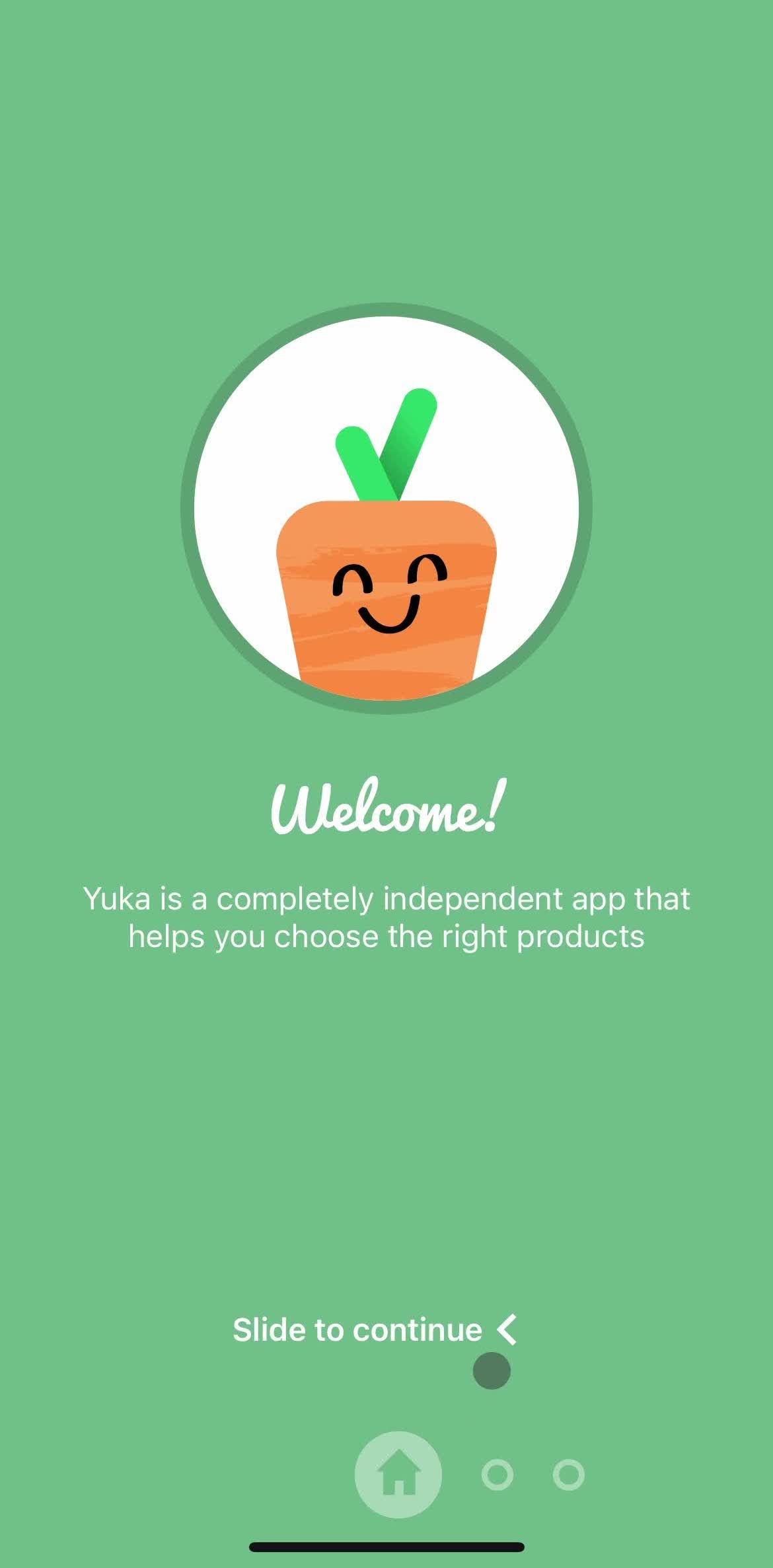 Yuka Welcome screen in the Logging In flow