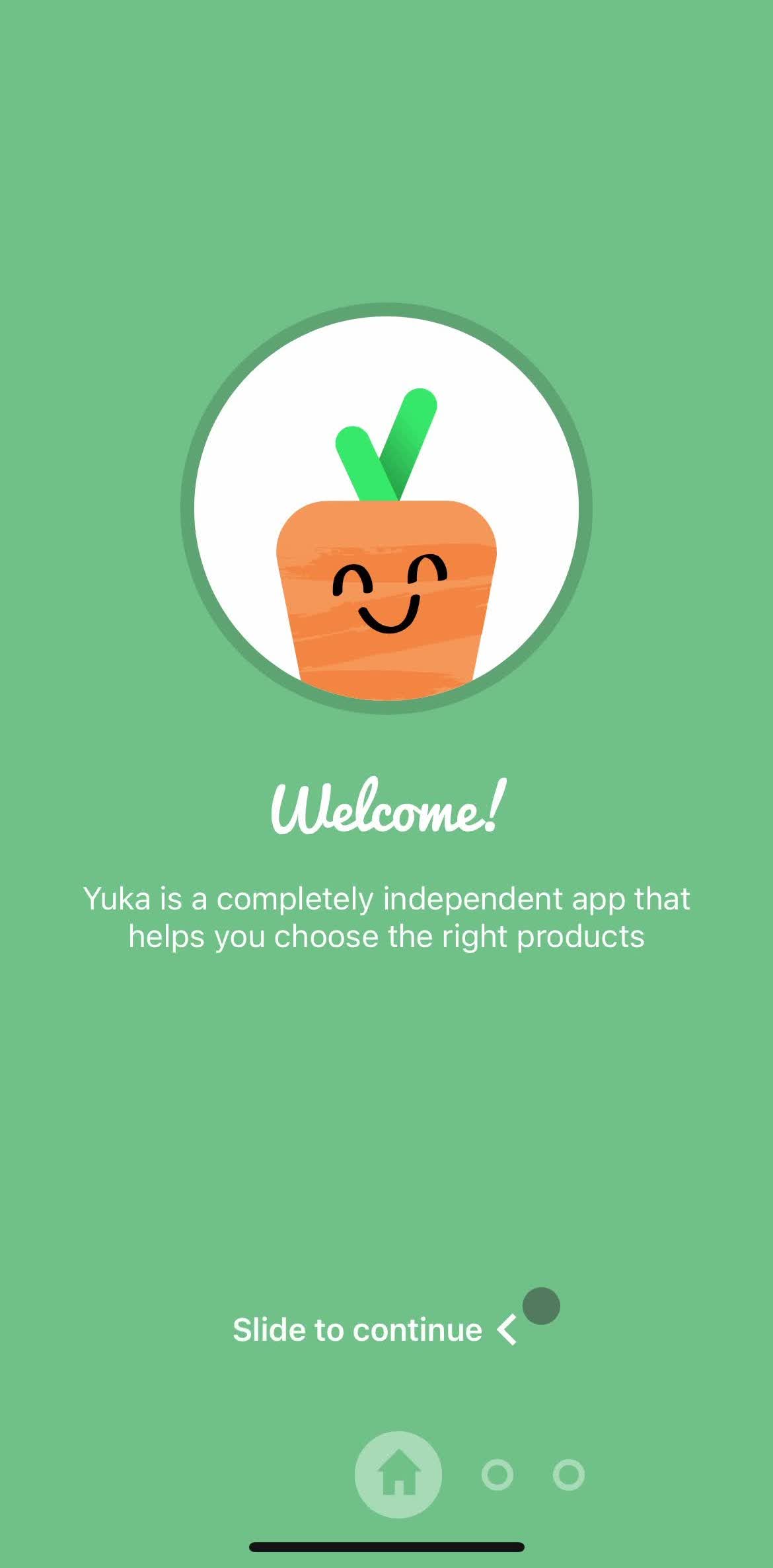 Yuka Welcome screen in the Onboarding flow