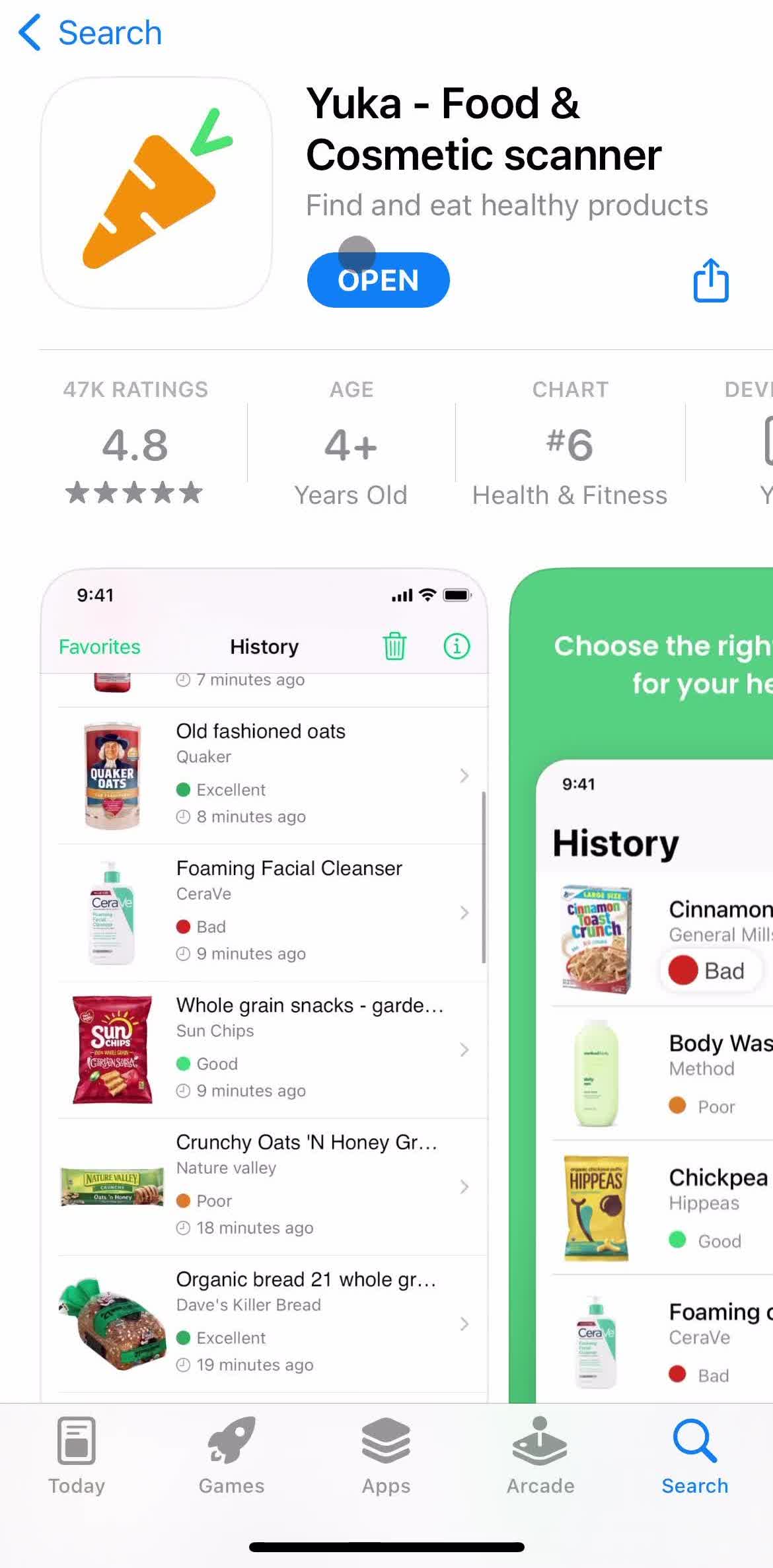 Yuka App store listing screen in the Onboarding flow