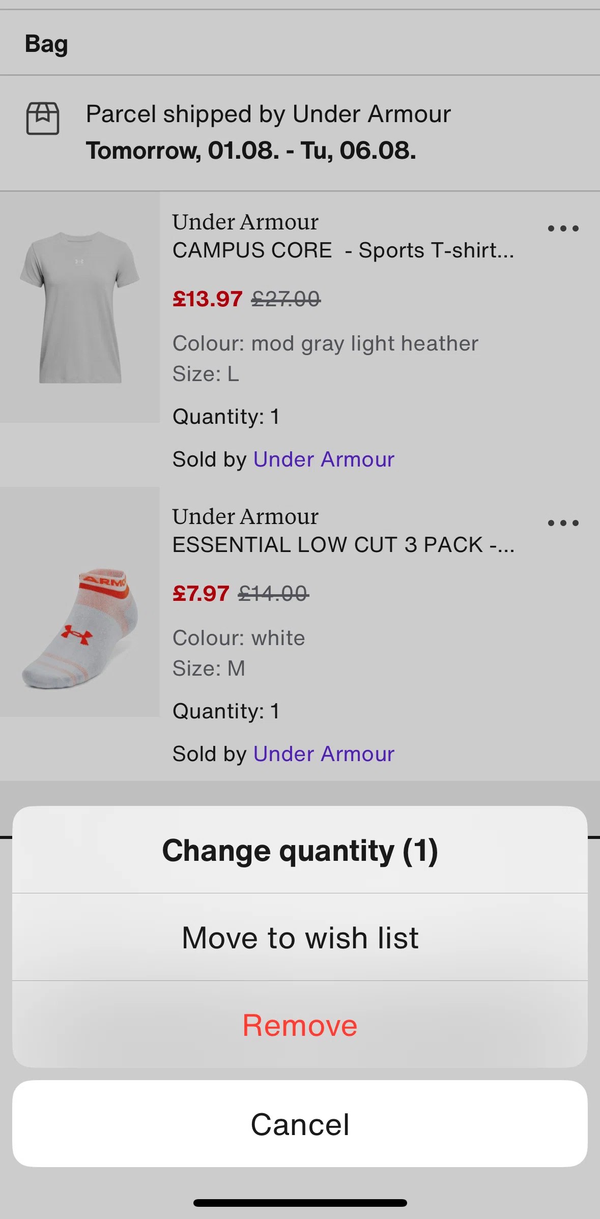 Zalando Screen screen in the Changing item quantity flow