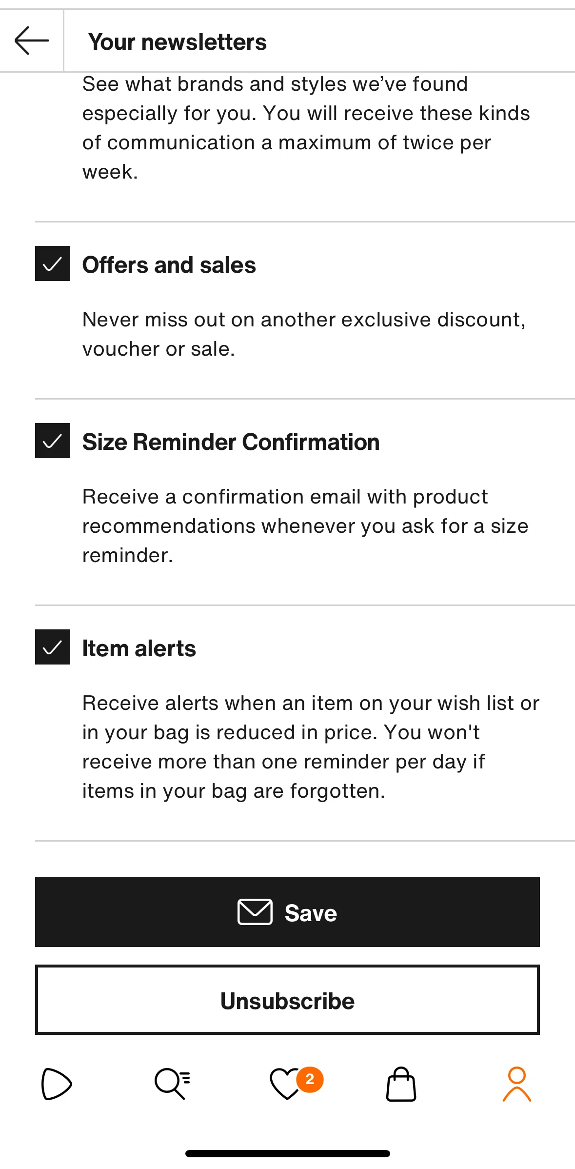 Zalando Screen screen in the Unsubscribing newsletters flow