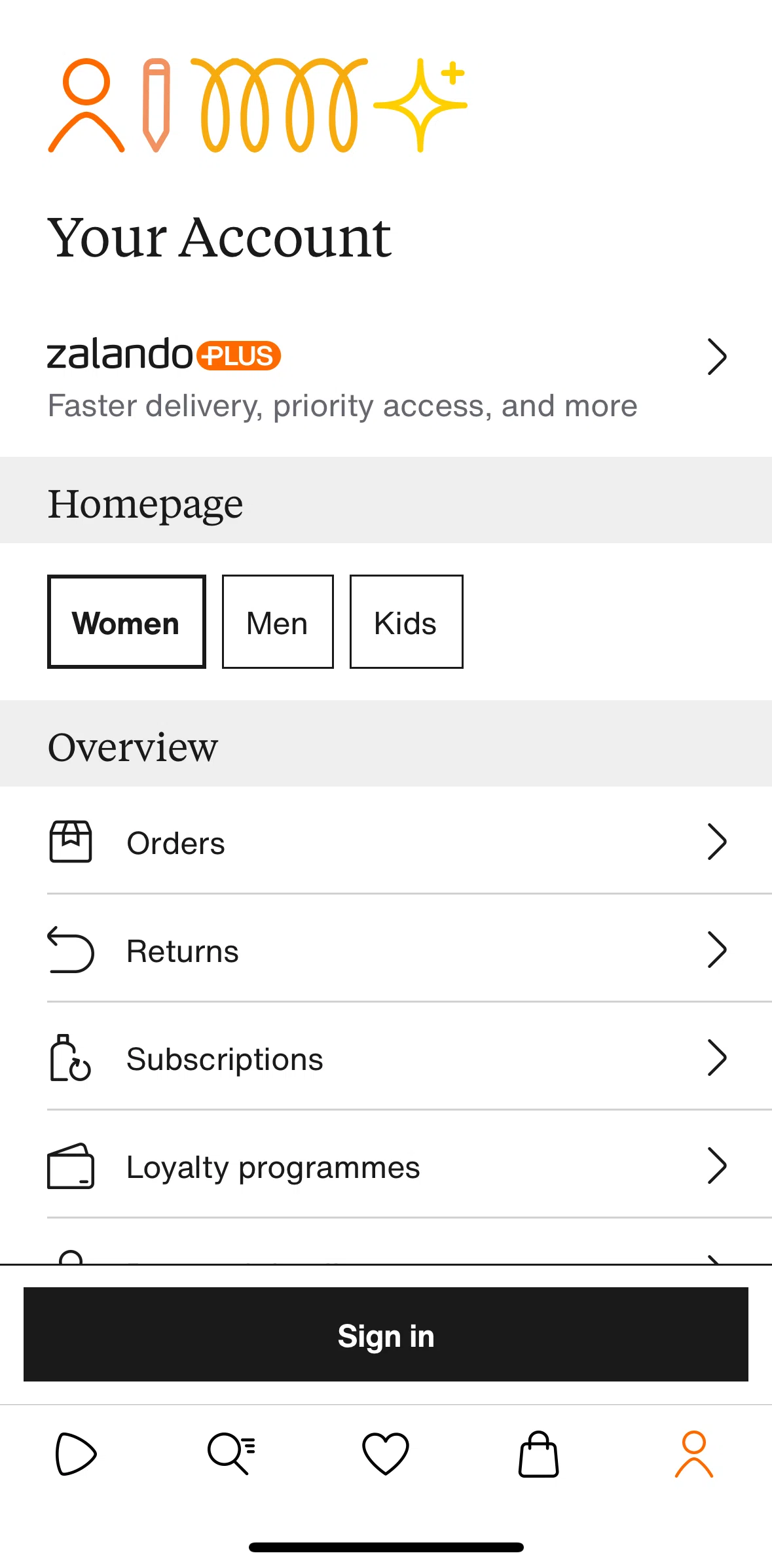 Zalando Screen screen in the Zalando Plus flow