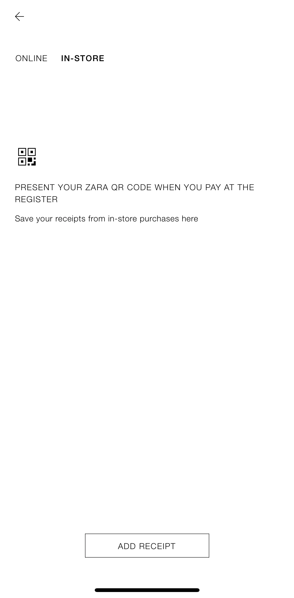 Zara Screen screen in the Add receipt flow