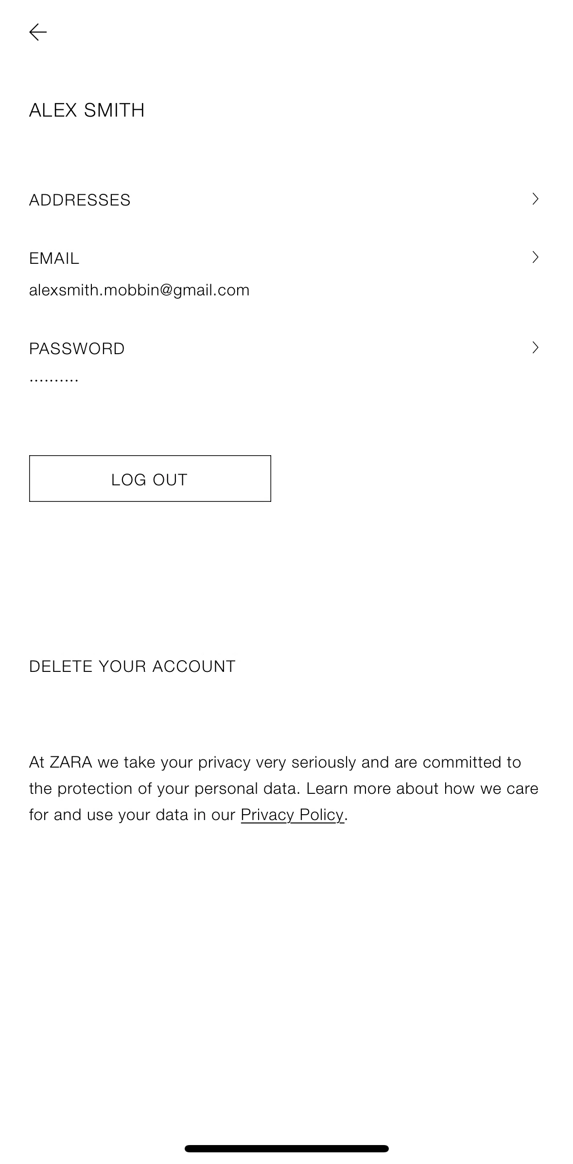 Zara Screen screen in the Changing a password flow